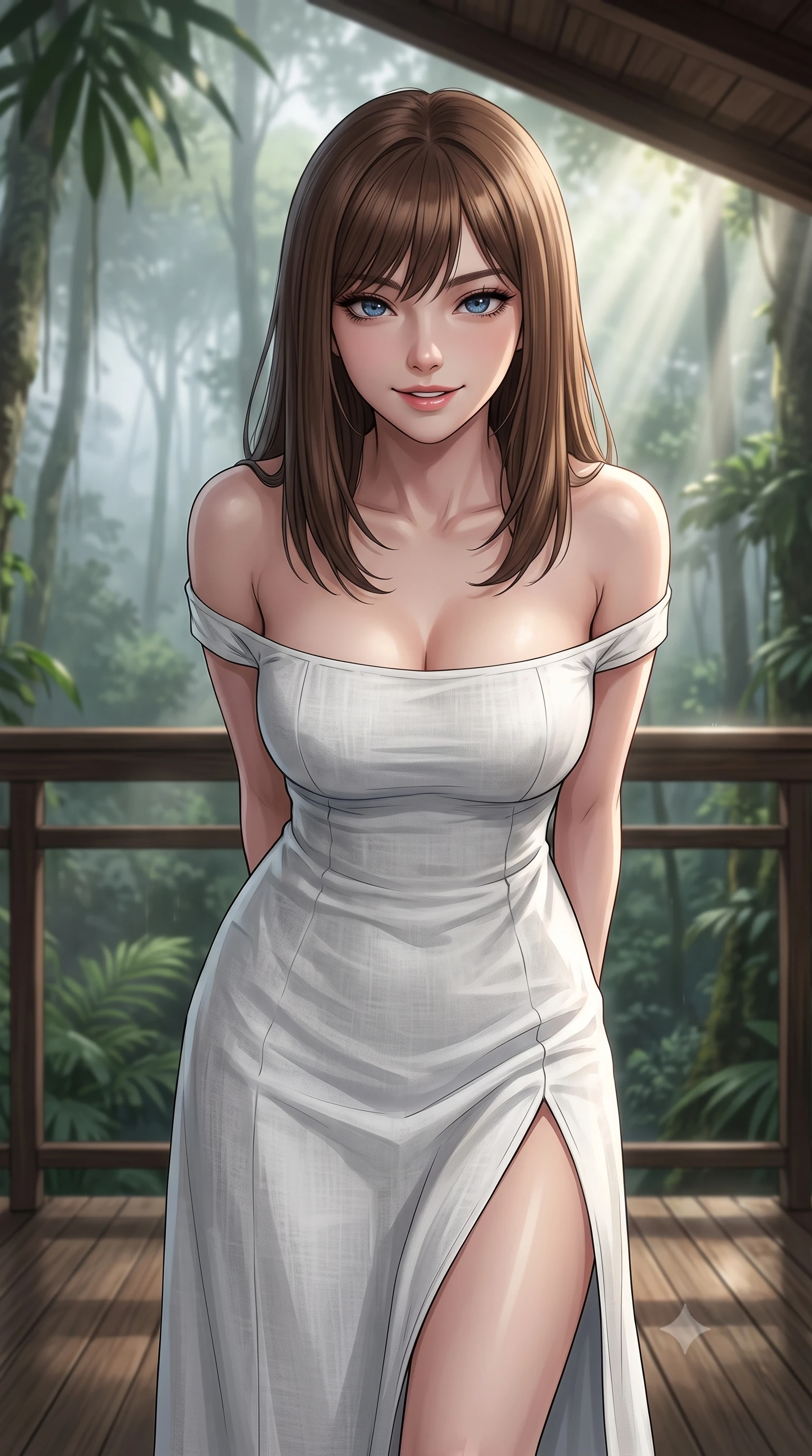 score_9, masterpiece, best quality, ultra-detailed, high-budget anime keyframe, editorial fashion photography, tasteful artistic composition, Korean woman woman. close-up cowboy shot from the waist and thighs up, the character dominates the composition, filling the frame with her large presence, background elements kept in soft focus. leaning slightly forward with a playful, teasing smile, her gaze locked onto the viewer the background shows a soft-focus a wooden villa deck suspended high in the canopy of a tropical rainforest with misty air. She has an exceptionally elegant, slender, and willowy female figure with an ultra-slim waist, a gracefully sculpted slender torso, and a refined silhouette. sharp v-shaped jawline, high-bridge nose, intricate jewel-like eyes with depth, thick eyelashes, glossy lips with a natural sheen. wearing a body-hugging off-shoulder white linen summer dress featuring a high side slit ascending to mid-thigh. sunbeams slicing through the damp forest air, creating volumetric light rays. 2k, ultra detail, master piece, 9:16 ratio
