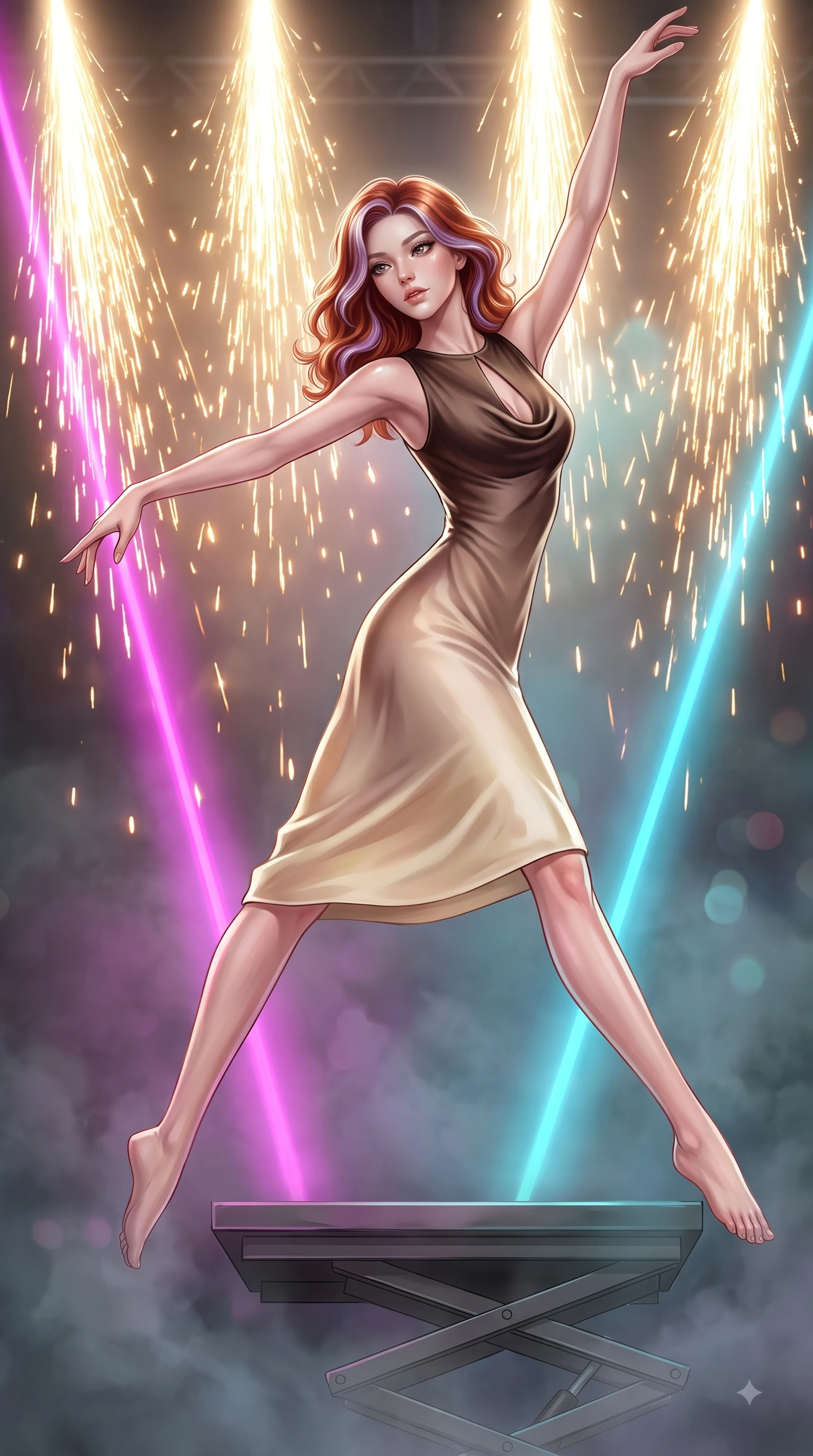 score_9, masterpiece, best quality, ultra-detailed, high-budget anime keyframe, editorial fashion photography, tasteful artistic composition, Caucasian woman. low angle full-body shot from head to toe showing her feet, filling the entire 9:16 vertical frame with her statuesque presence, stretching her vertical silhouette. performing an athletic mid-air rotation with flawless poise, her vertical silhouette beautifully stretched while poised on a hydraulic lift platform as golden pyrotechnic sparks rain down behind her, intense volumetric laser beams cutting through stage fog in magenta and cyan. She has an absolutely perfect, statuesque 8.5-heads proportion, an exceptionally tall and slender model-like female figure with impossibly long slender legs and an ultra-slim waist. sharp v-shaped jawline, high-bridge nose, intricate jewel-like eyes with depth, thick eyelashes, glossy lips with a natural sheen, flawlessly proportioned anatomical accuracy, natural body alignment, perfectly sculpted elegant limbs, clean dynamic posture without body distortion. wearing an elegant cowl-neck satin midi dress with a graceful draped neckline in espresso brown and warm cream, crafted from smooth liquid silk, accented with a Tasteful chest slit framing her clavicle gracefully, the sleek second-skin texture accentuating her magnetic presence. illuminated by golden spark explosions and high-contrast concert lighting. ultra-reflective glossy finish, specular highlights, metallic sheen, high-contrast stereoscopic depth, volumetric dynamic lighting, 2k, ultra detail, master piece, 9:16 ratio
