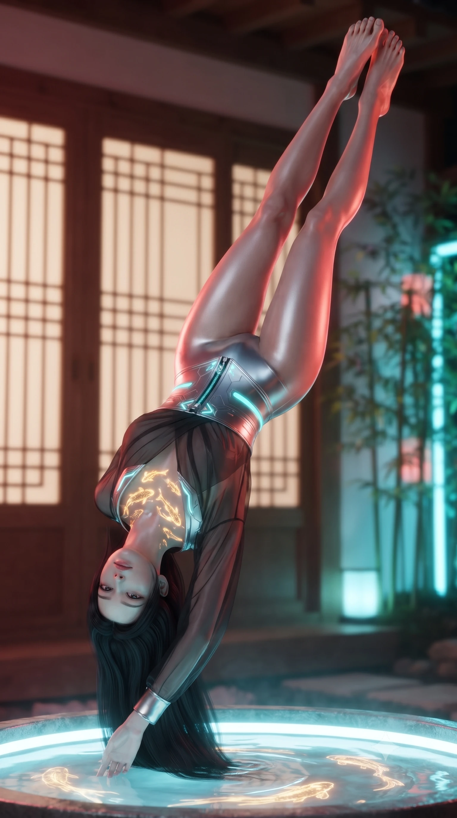 score_9, masterpiece, best quality, ultra-detailed, high-budget anime keyframe, editorial fashion photography, tasteful artistic composition, Korean woman. low angle full-body shot from head to toe showing her feet, filling the entire 9:16 vertical frame with her statuesque presence, stretching her vertical silhouette. leaping through mid-air with an athletic yet alluring arch of her spine, her impossibly long slender legs stretched in flawless poise while leaning over a glowing water basin as golden digital fish ripple light across her clavicle and chest. The composition keeps background elements in soft focus with creamy bokeh. traditional lattice screens and neon-lit garden bamboo softened by shallow depth of field. She has an absolutely perfect, statuesque 8.5-heads proportion, an exceptionally tall and slender model-like female figure with impossibly long slender legs and an ultra-slim waist. sharp v-shaped jawline, high-bridge nose, intricate jewel-like eyes with depth, thick eyelashes, glossy lips with a natural sheen, flawlessly proportioned anatomical accuracy, natural body alignment, perfectly sculpted elegant limbs, clean dynamic posture without body distortion. wearing a shortened cyber-fusion wrap top with transparent chiffon panels, a deep crossover neckline, and a high-waisted metallic sash that accentuates her ultra-slim waist in liquid mercury silver and glowing electric cyan, made of liquid metal jersey that clings flawlessly to every contour of her build, featuring a dangerously unzipped neckline framed by glowing cybernetic accents, the sleek aerodynamic cut emphasizing her magnetic presence and alluring physical grace. bathed in warm crimson lantern glow and cool cyan holographic koi refractions. ultra-reflective glossy finish, specular highlights, metallic sheen, high-contrast stereoscopic depth, volumetric dynamic lighting, 2k, ultra detail, master piece, 9:16 ratio