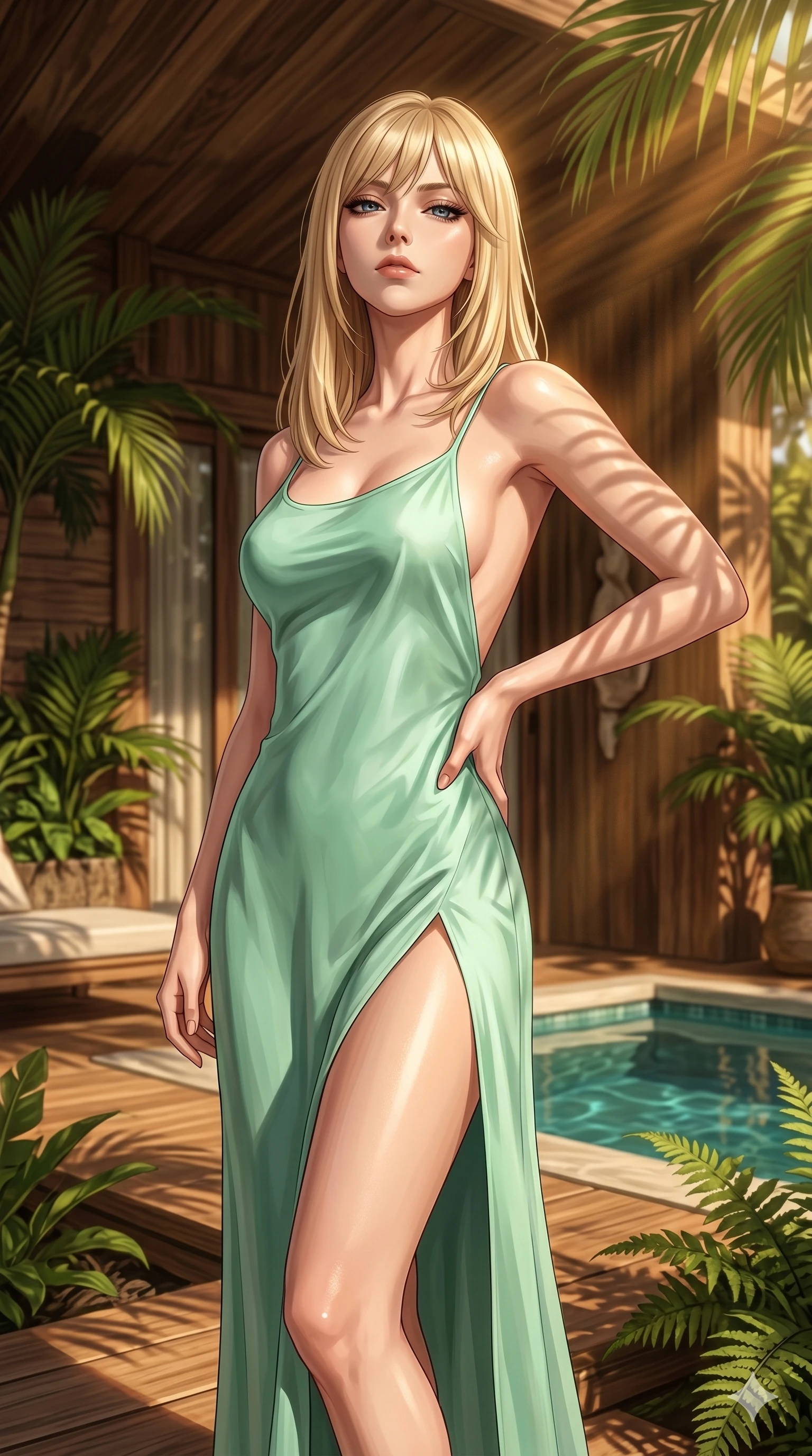 score_9, masterpiece, best quality, ultra-detailed, high-budget anime keyframe, editorial fashion photography, tasteful artistic composition, Japanese woman. cowboy shot from the thighs up, character and outfit filling the frame for maximum editorial presence. looking down at the viewer with a haughty, composed and cool expression, her shoulders relaxed by a secluded sun-drenched pool cabin in a tropical luxury resort surrounded by palms (Code-P137). She has an absolutely perfect 8-heads proportion, an exceptionally tall and slender female figure with impossibly long slender legs and an ultra-slim waist. V-shaped jawline, high-bridge nose, intricate jewel-like eyes with depth, thick eyelashes, glossy lips with a natural sheen. wearing a mint green silk slip dress with an open-back design and a high front slit. bathed in warm, golden afternoon sunbeams casting soft organic shadows of leaves on her skin. 2k, ultra detail, master piece, 9:16 ratio