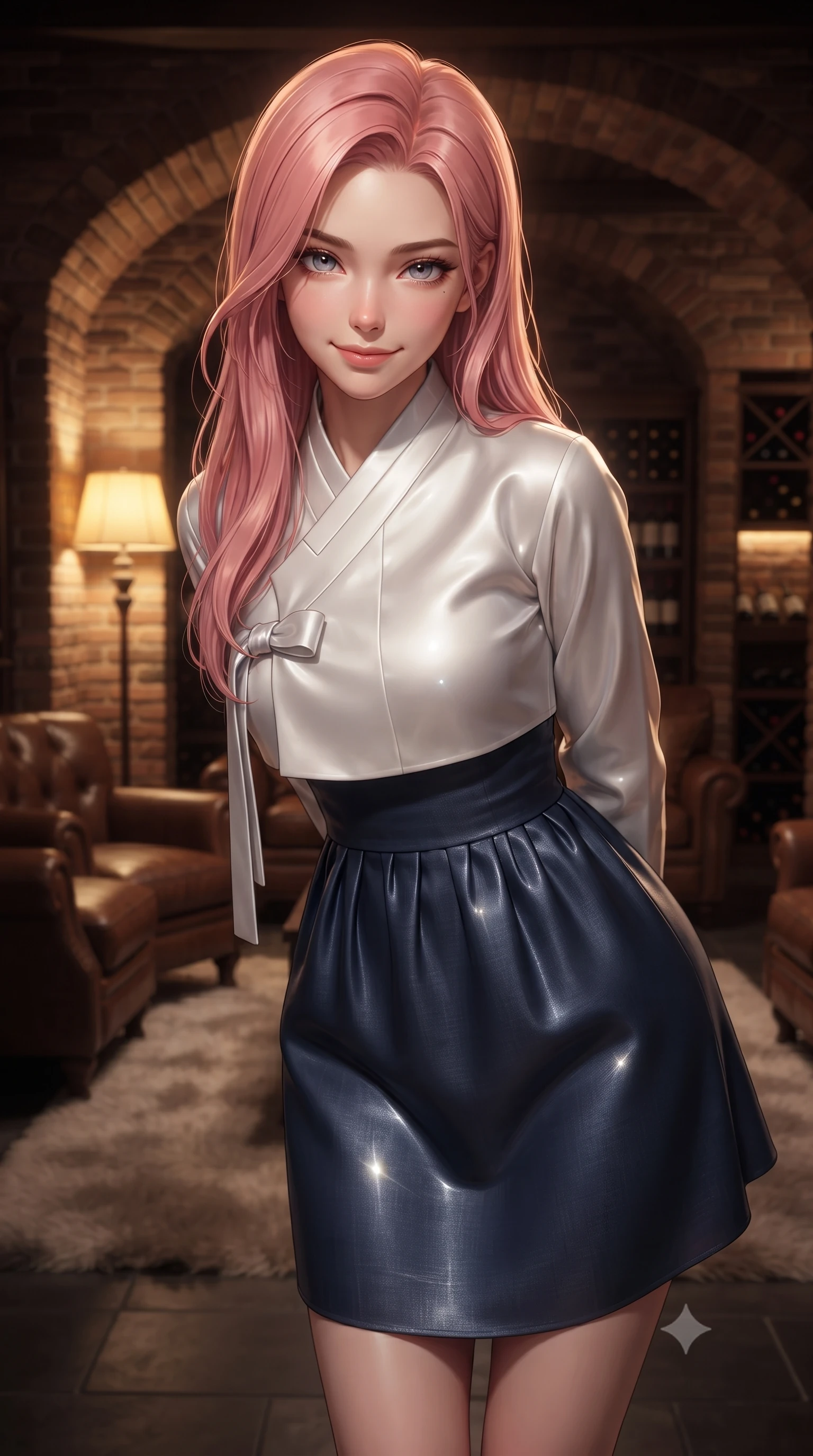 score_9, masterpiece, best quality, ultra-detailed, high-budget anime keyframe, editorial fashion photography, tasteful artistic composition, Japanese woman woman. close-up cowboy shot from the waist and thighs up, the character dominates the composition, filling the frame with her large presence, background elements kept in soft focus. leaning slightly forward with a playful, teasing smile, her gaze locked onto the viewer the background shows a soft-focus a dimly lit brick-walled wine cellar with leather armchairs and soft rugs. She has an exceptionally elegant, slender, and willowy female figure with an ultra-slim waist, a gracefully sculpted slender torso, and a refined silhouette. sharp v-shaped jawline, high-bridge nose, intricate jewel-like eyes with depth, thick eyelashes, glossy lips with a natural sheen. wearing a slim-fit modern fusion hanbok dress with a navy blue linen skirt and a high-neck white silk jeogori. warm yellow lamplight casting cozy, soft shadows on the brick arches. ultra-reflective glossy finish, specular highlights, metallic sheen, high-contrast stereoscopic depth, volumetric dynamic lighting, 2k, ultra detail, master piece, 9:16 ratio