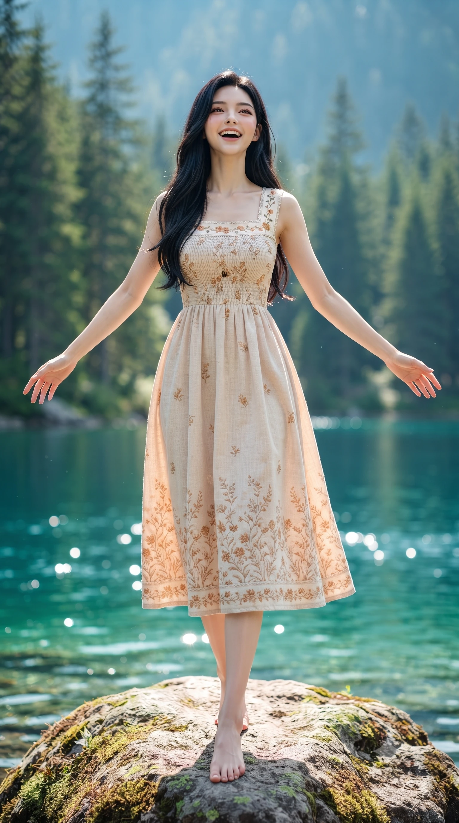 score_9, masterpiece, best quality, ultra-detailed, high-budget anime keyframe, editorial fashion photography, tasteful artistic composition, Korean woman. low angle full-body shot from head to toe showing her feet, filling the entire 9:16 vertical frame with her statuesque presence, stretching her vertical silhouette. stepping forward gracefully in mid-motion with a delighted cute laugh, displaying her tall slender model proportions while standing poised on a mossy lakeside boulder with open arms, taking a deep breath of fresh pine-scented mountain air. The composition keeps background elements in soft focus with creamy bokeh. mirror-still turquoise lake waters and towering evergreen pine forests blurred into radiant emerald and cyan bokeh. She has an absolutely perfect, statuesque 8.5-heads proportion, an exceptionally tall and slender model-like female figure with impossibly long slender legs, a toned flat midriff, and an ultra-slim waist. sharp v-shaped jawline, high-bridge nose, intricate jewel-like eyes with depth, thick eyelashes, glossy lips with a natural sheen, pure and lovely fresh girlhood expression, flawlessly proportioned anatomical accuracy, strict slender model proportions, natural body alignment, perfectly sculpted long slender limbs, ultra-slim waistline, clean dynamic posture without body distortion. wearing a sweet square-neck smocked midi dress decorated with delicate wildflower patterns in warm caramel and cream vanilla, tailored from soft pastel lightweight wool blend with subtle texture, complemented by subtle floral embroidery along the neckline and hem, the tailored casual silhouette highlighting her fresh and youthful presence and perfectly proportioned slender frame. bathed in radiant midday sunshine creating sparkling diamond glints across the turquoise lake surface. ultra-reflective glossy finish, specular highlights, rich natural textures, high-contrast stereoscopic depth, volumetric dynamic lighting, 2k, ultra detail, master piece, 9:16 ratio
