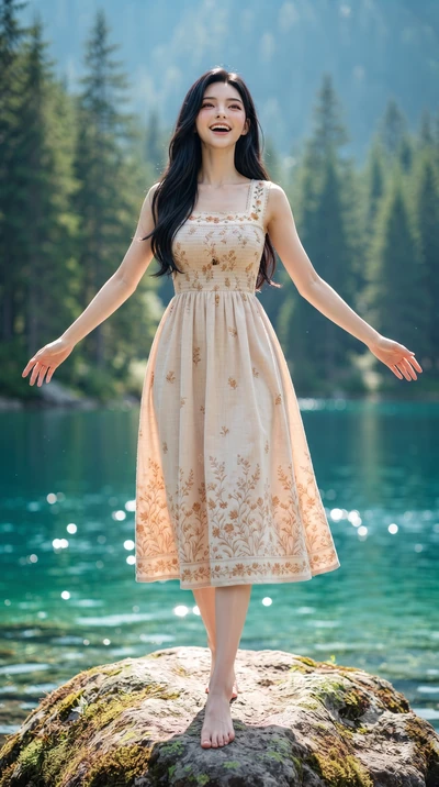 score_9, masterpiece, best quality, ultra-detailed, high-budget anime keyframe, editorial fashion photography, tasteful artistic composition, Korean woman. low angle full-body shot from head to toe showing her feet, filling the entire 9:16 vertical f