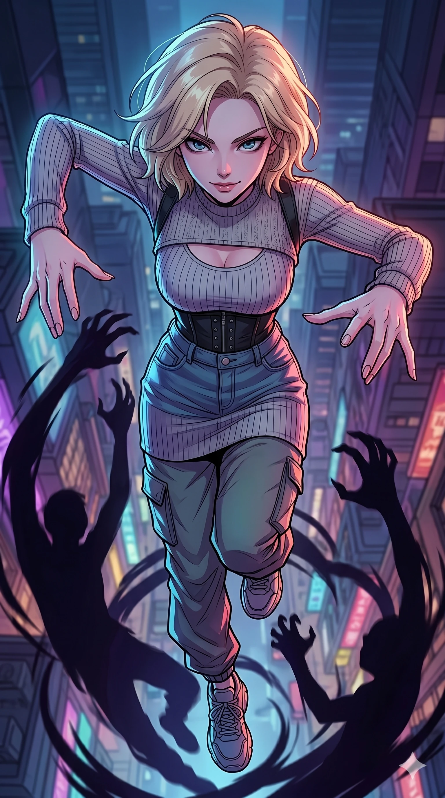 score_9, masterpiece, best quality, ultra-detailed, high-budget anime movie keyframe, cinematic anime lighting, intricate line art, Korean woman. Extreme high angle shot as she leaps towards the camera, filling the frame. manipulating the shadows of her enemies to turn against them. She has an absolutely perfect 8-heads proportion, an exceptionally tall and slender female figure with graceful and slender proportions. strictly human anatomy, two legs only, no extra limbs, clearly defined legs and arms, perfect anatomy, perfect hands and fingers. sharp v-shaped jawline, high-bridge nose, intricate jewel-like eyes, thick eyelashes, glossy lips. Wearing Urban Trendsetter: Ribbed bodycon dress, crop top with high-waist denim, and elegant corset with cargo pants. The scene is illuminated by dramatic atmospheric lighting and vibrant color palettes. , 2k, ultra detail, master piece, 9:16 ratio