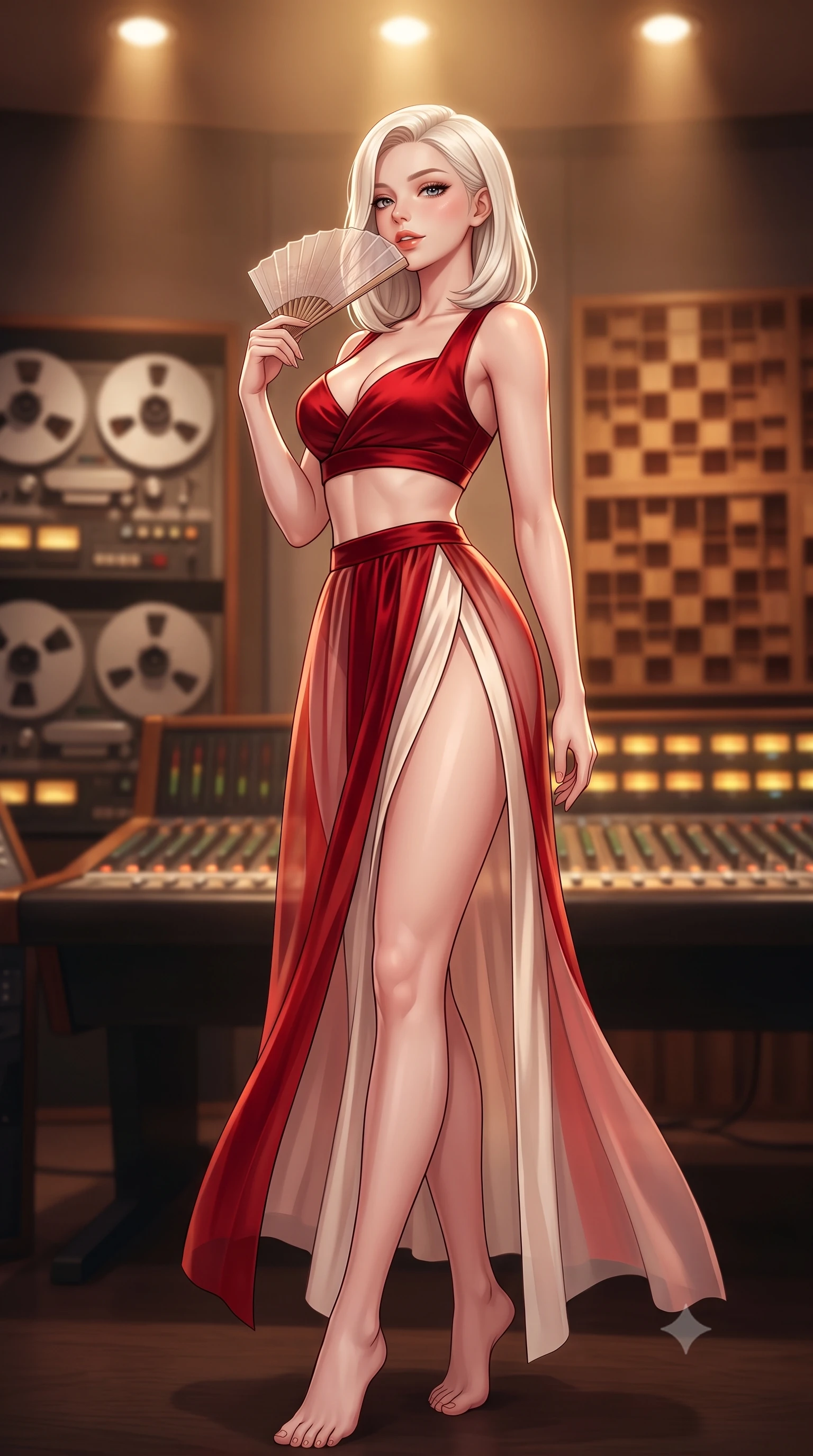 score_9, masterpiece, best quality, ultra-detailed, high-budget anime keyframe, semi-realistic 3D game render, editorial fashion photography, tasteful artistic composition, Caucasian woman. low angle full-body shot from head to toe showing her feet, filling the entire 9:16 vertical frame with her statuesque presence, stretching her vertical silhouette. executing a slow, graceful pivot turn as her skirt sways around her slender legs, glancing back with an enchanting, teasing sensual expression while twisting her slender torso in an alluring contrapposto stance, studio warm spot lamps tracing her form-fitting outfit and curvy hips. The background shows a soft-focus walls of analog tape reel machines, acoustic wooden diffusers, and glowing console faders blurred into teak, amber, and brass bokeh. She has an absolutely perfect, statuesque 8.5-heads proportion, an exceptionally tall and slender model-like female figure with impossibly long slender legs, an ultra-slim waist, a flat toned midriff, narrow delicate ribcage, and beautifully sculpted feminine hips creating a graceful, slim hourglass silhouette without any bulky heaviness. sharp v-shaped jawline, high-bridge nose, sparkling eyes with hypnotic seductive depth, thick curled eyelashes, glossy parted lips with a natural dewy peach sheen, alluring bedroom-eyes with an enchanting coquettish smile, exuding magnetic siren charisma and sophisticated glamour, flawlessly proportioned anatomical accuracy, strict slender model proportions, natural body alignment, perfectly sculpted long slender limbs, ultra-slim waistline, clean dynamic posture without body distortion. wearing a plunging sweetheart-neckline silk jeogori crop top paired with an ultra-high-slit translucent chima wrap skirt and satin briefs in royal vermilion crimson and pale ivory silk, tailored from ultra-plush velvet with rich tactile depth and deep shadow gradients, finished with a transparent silk folding fan held gracefully near her glossy parted lips, the form-contouring silhouette accentuating her sculpted flat midriff, narrow delicate ribcage, and gracefully curvy hips with intoxicating allure. bathed in warm 3000K overhead spotlighting and glowing console indicator lamps. highly saturated vibrant anime colors, detailed shading with soft gradients, rich glossy textures, high-contrast stereoscopic depth, volumetric dynamic lighting, master piece, 9:16 ratio