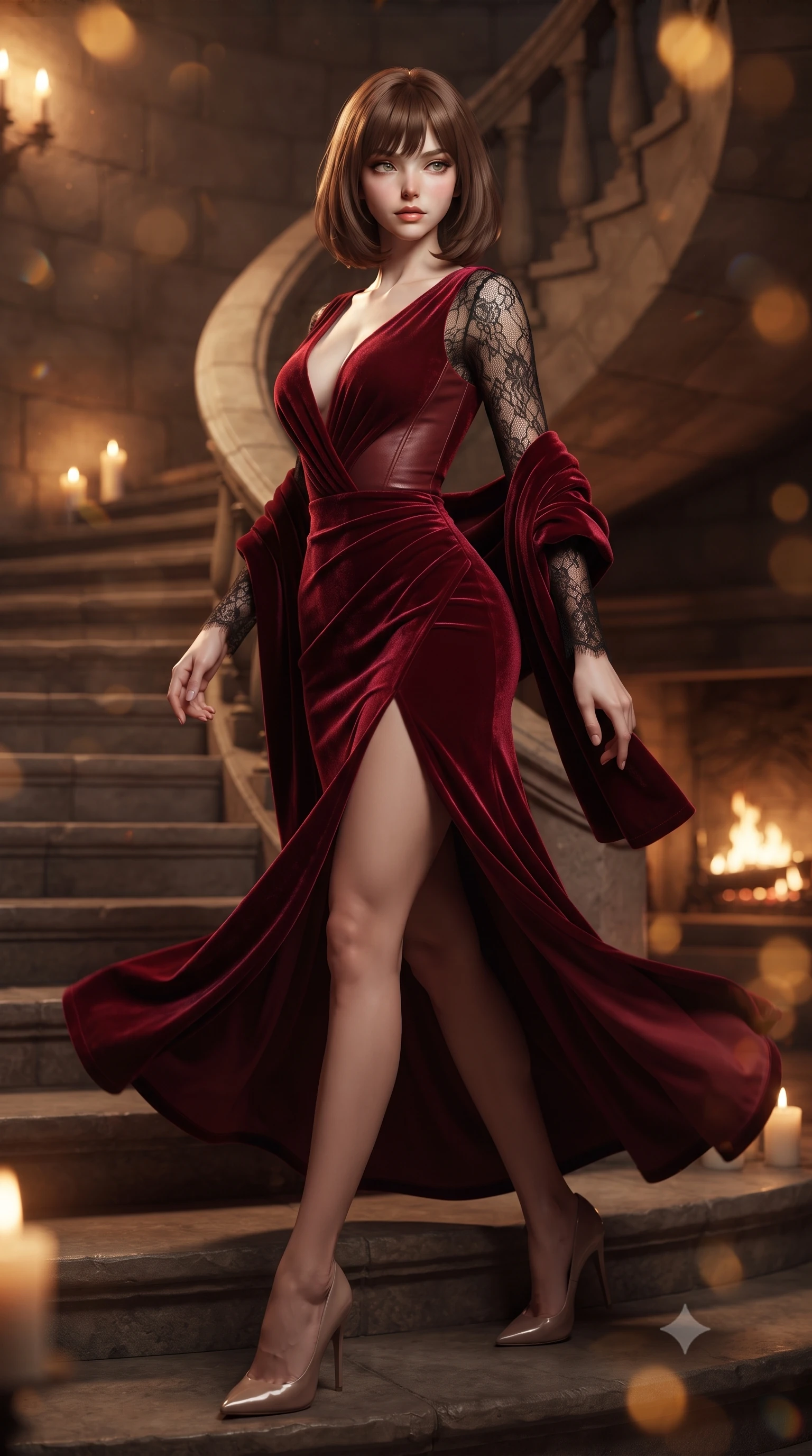 score_9, masterpiece, best quality, ultra-detailed, high-budget anime keyframe, editorial fashion photography, tasteful artistic composition, Caucasian woman. low angle full-body shot from head to toe showing her feet, filling the entire 9:16 vertical frame with her statuesque presence, stretching her vertical silhouette. executing an elegant mid-motion pivot turn as garments swirl around her slender limbs, glancing over her shoulder with an intoxicating bedroom-gaze while gliding down the spiraling stone castle staircase with supermodel poise, her high-slit skirt opening to reveal her long slender legs and curvy hips. The composition keeps background elements in soft focus with creamy bokeh. rising fireplace sparks and candle flame refractions scattering warm decadent amber light motes. She has an exceptionally tall and slender model-like 8.5-heads proportion, an ultra-slim waist, a flat toned midriff, narrow delicate ribcage, and beautifully sculpted feminine hips creating a graceful, slim hourglass silhouette without any bulky heaviness, with impossibly long slender legs. sharp v-shaped jawline, high-bridge nose, intricate jewel-like eyes with depth, thick eyelashes, glossy parted lips with a natural sheen, intensely captivating and seductive bedroom-eyes expression, flawlessly proportioned anatomical accuracy, strict slender model proportions, natural body alignment, perfectly sculpted long slender limbs, ultra-slim waistline, clean dynamic posture without body distortion. wearing a plunging-V neckline crushed crimson velvet opera gown with delicate black lace sleeves and bare back in vintage champagne ivory and delicate rose gold, formed from supple second-skin lambskin leather with specular sheen, complemented by a plush velvet shawl draped loosely over her elbows, the liquid-tight tailored fabric clinging flawlessly to her narrow waist and rounded feminine hips, emphasizing every millimeter of her sculpted slim hourglass curves without any bulky heaviness. surrounded by an aristocratic, untamed, and dangerously captivating Scottish highland duchess aura. ultra-reflective glossy finish, specular highlights, rich textural contrasts, high-contrast stereoscopic depth, volumetric dynamic lighting, 2k, ultra detail, master piece, 9:16 ratio