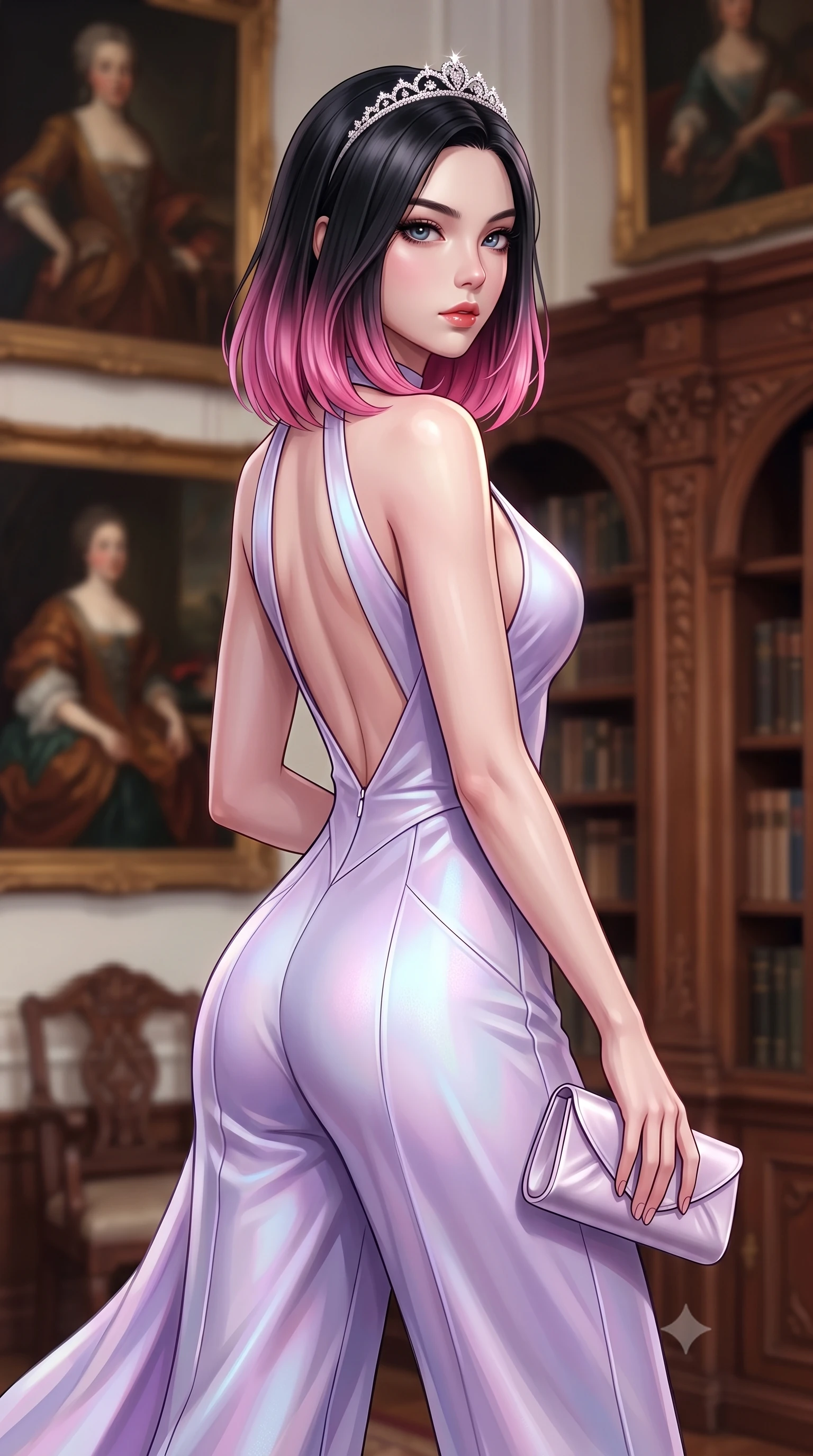 score_9, masterpiece, best quality, ultra-detailed, high-budget anime keyframe, semi-realistic 3D game render, editorial fashion photography, tasteful artistic composition, Korean woman. close-up cowboy shot from the waist and thighs up, the character dominates the composition, filling the frame with her large presence. turning over her shoulder with an indomitable, smoldering gaze, her soft hair framing her razor-sharp v-shaped jawline while slipping through a secret revolving bookcase door from the grand library with sovereign stealth and fluid grace. The composition keeps background elements in soft focus with creamy bokeh. antique oil paintings and carved baroque wooden library shelves softened in romantic shallow focus. She has an exceptionally elegant, slender, and willowy female figure with an ultra-slim waist, a gracefully sculpted slender torso, toned flat midriff, and a refined slim silhouette. sharp v-shaped jawline, high-bridge nose, intricate jewel-like eyes with depth, thick eyelashes, glossy lips with a natural sheen, captivating and magnetic expression, flawlessly proportioned anatomical accuracy, strict slender model proportions, natural body alignment, perfectly sculpted long slender limbs, ultra-slim waistline, clean dynamic posture without body distortion. wearing an undercover high-society halter jumpsuit with a tailored deep-V back and integrated waist cincher in pearlescent opal with soft violet luster, crafted from lightweight carbon-titanium composite with precision beveled seams, accessorized with a sparkling tiara headband and delicate satin clutch, the breezy yet form-flattering drape swaying gracefully with her steps, accentuating her long willowy limbs and slim waistline. surrounded by an enigmatic, enchanting, and lethal undercover spy duchess aura. highly saturated vibrant anime colors, detailed shading with soft gradients, rich glossy textures, high-contrast stereoscopic depth, volumetric dynamic lighting, master piece, 9:16 ratio