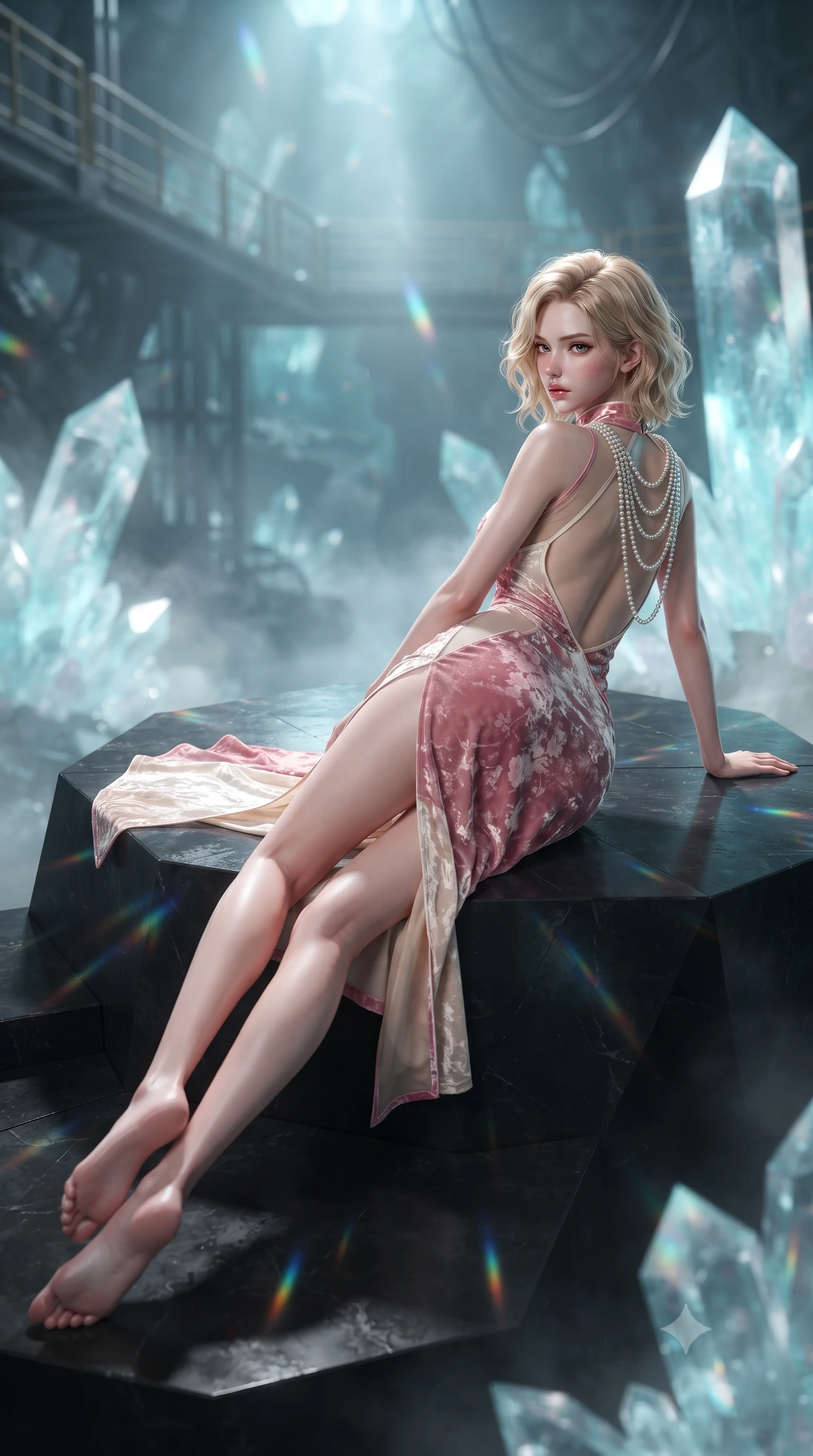 score_9, masterpiece, best quality, ultra-detailed, high-budget anime keyframe, editorial fashion photography, tasteful artistic composition, Caucasian woman. low angle full-body shot from head to toe showing her feet, filling the entire 9:16 vertical frame with her statuesque presence, stretching her vertical silhouette. striding forward in a proud supermodel runway stride, hips swaying in an alluring kinetic rhythm that accentuates her curvy hourglass silhouette while reclining across a black basalt viewing platform propped on one elbow, her slender waist and feminine curves sculpted by shimmering crystal refractions. The composition keeps background elements in soft focus with creamy bokeh. subterranean geothermal mist and titanium gantry silhouettes softened in monumental sci-fi shallow focus. She has an exceptionally tall and slender model-like 8.5-heads proportion, an ultra-slim waist, a flat toned midriff, narrow delicate ribcage, and beautifully sculpted feminine hips creating a graceful, slim hourglass silhouette without any bulky heaviness, with impossibly long slender legs. sharp v-shaped jawline, high-bridge nose, intricate jewel-like eyes with depth, thick eyelashes, glossy parted lips with a natural sheen, intensely captivating and seductive bedroom-eyes expression, flawlessly proportioned anatomical accuracy, strict slender model proportions, natural body alignment, perfectly sculpted long slender limbs, ultra-slim waistline, clean dynamic posture without body distortion. wearing a wet-look silk fusion wrap dress with asymmetrical sheer mesh cutouts and high Mandarin collar in sakura blossom pink and warm ivory, crafted from heavyweight crushed silk velvet with liquid vintage luster, accented with a multi-strand pearl back necklace cascading down her bare spine to her hips, the dramatically scooped open back descending to the base of her spine, accentuating her razor-sharp statuesque lines and slim hourglass silhouette. bathed in ethereal ice-blue and cyan spotlights filtering through massive translucent mineral crystals. ultra-reflective glossy finish, specular highlights, rich textural contrasts, high-contrast stereoscopic depth, volumetric dynamic lighting, 2k, ultra detail, master piece, 9:16 ratio