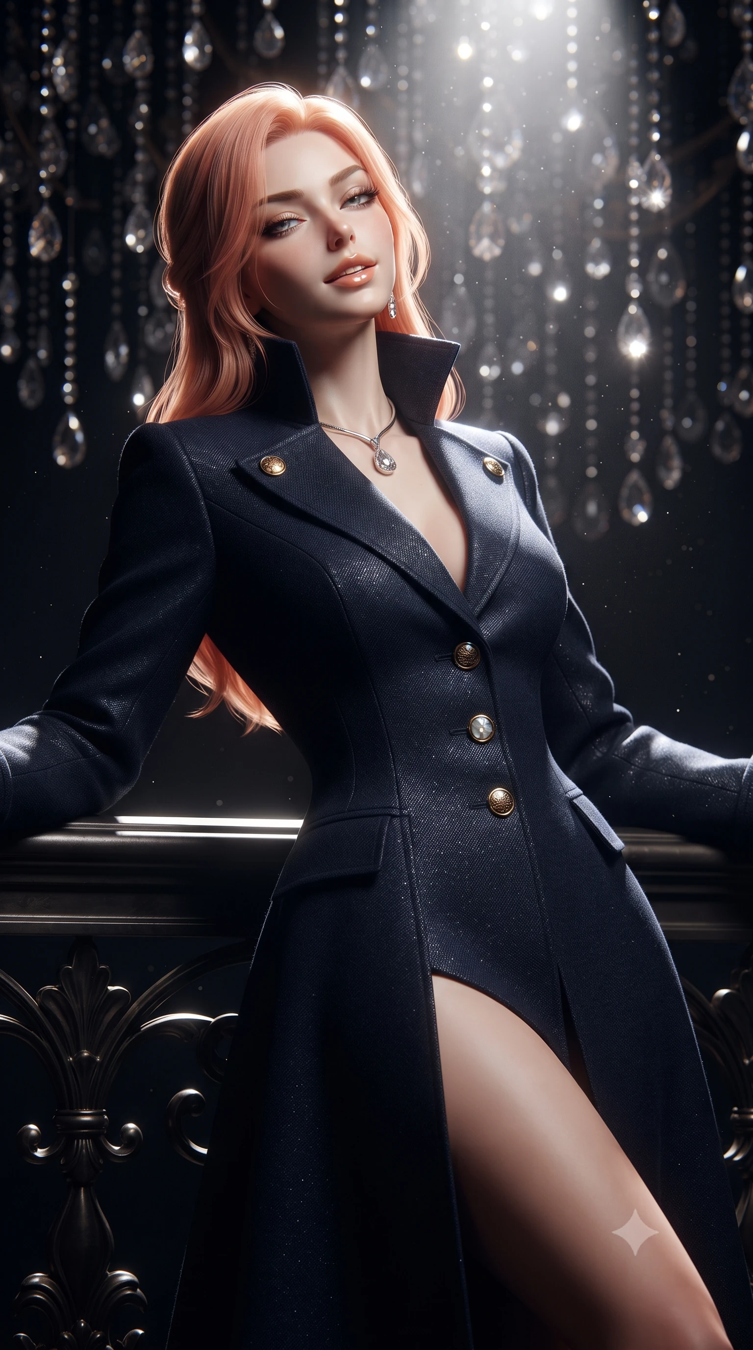 score_9, masterpiece, best quality, ultra-detailed, high-budget anime keyframe, editorial fashion photography, tasteful artistic composition, Japanese woman. close-up cowboy shot from the waist and thighs up, the character dominates the composition, filling the frame with her large presence. leaning back against the balustrade with relaxed seductive grace, head tilted back slightly while casting a hypnotic, heavy-lidded gaze while leaning forward slightly with hips cocked back into the brilliant beam of key light, looking into the darkness with intoxicating smoldering bedroom-eyes. The background shows a soft-focus thousands of suspended crystal drops glittering in deep velvety darkness, dust particles dancing in the intense spotlight cone, blurred into diamond, platinum, and onyx bokeh. She has an exceptionally elegant, slender, and willowy female figure with an ultra-slim waist, flat toned midriff, narrow ribcage, and sculpted feminine hips creating an alluring, slim hourglass silhouette without bulk. sharp v-shaped jawline, high-bridge nose, intricate jewel-like sparkling eyes with depth, thick eyelashes, glossy parted lips with a natural peach sheen, bright cheerful beaming smile with an enchanting and coquettish sensual glint, exuding both youthful cute charm and seductive allure, flawlessly proportioned anatomical accuracy, strict slender model proportions, natural body alignment, perfectly sculpted long slender limbs, ultra-slim waistline, clean dynamic posture without body distortion. wearing a structured high-collar Victorian opera greatcoat in midnight navy wool with polished brass crest buttons in iridescent mother-of-pearl and liquid molten silver, tailored from high-density tech-wool with subtle metallic thread weave, finished with a minimalist chrome choker and a single teardrop diamond pendant, the impeccably tailored cut draping gracefully along her slender figure with aristocratic poise. bathed in an intense solitary 6000K theatrical follow-spot contrasted with total velvety obsidian shadow. ultra-reflective glossy finish, specular highlights, rich textural contrasts, high-contrast stereoscopic depth, volumetric dynamic lighting, 2k, ultra detail, master piece, 9:16 ratio