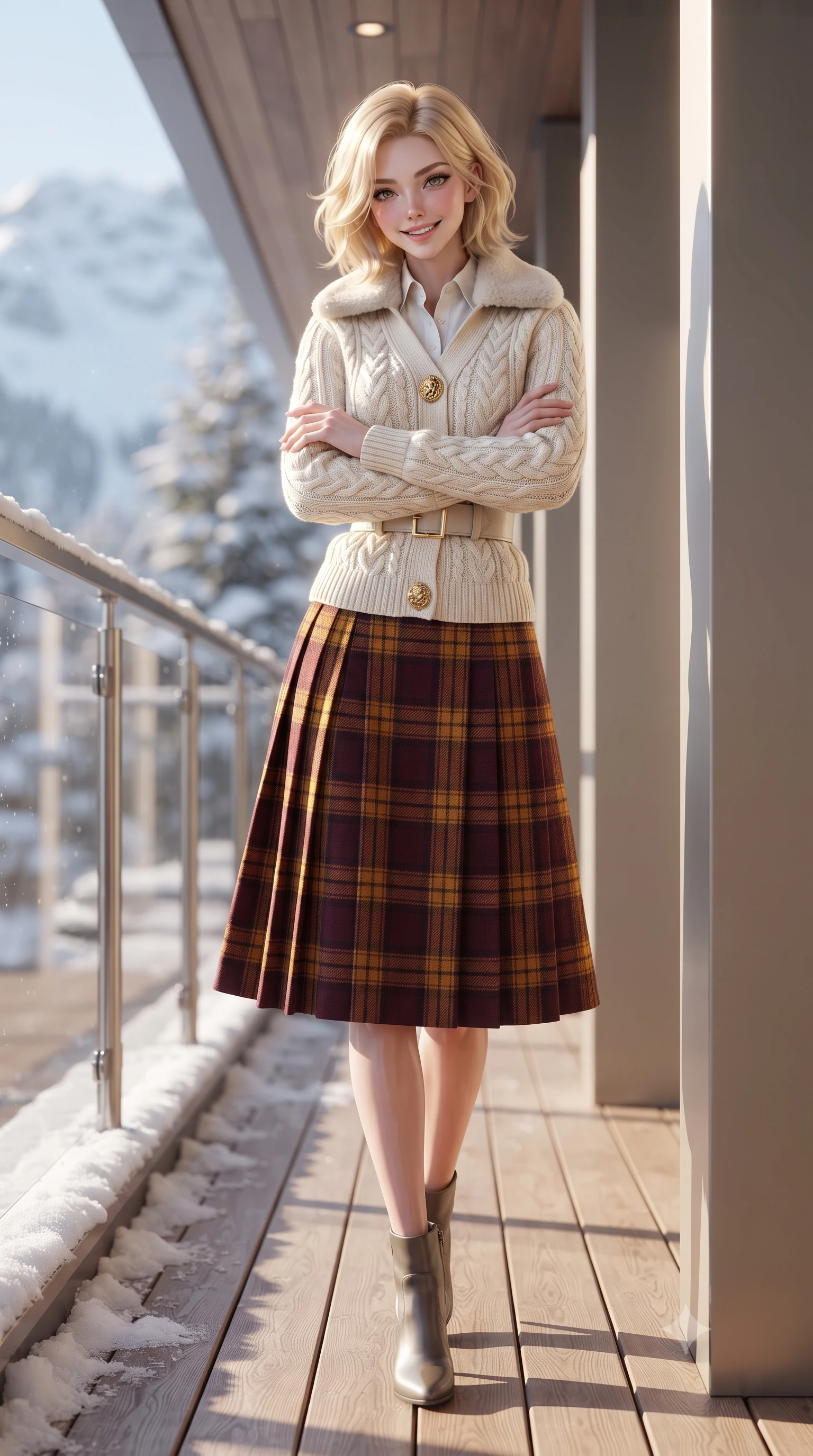 score_9, masterpiece, best quality, ultra-detailed, high-budget anime keyframe, editorial fashion photography, tasteful artistic composition, Caucasian woman. low angle full-body shot from head to toe showing her feet, filling the entire 9:16 vertical frame with her statuesque presence, stretching her vertical silhouette. leaning lightly against the sunlit architectural column with arms crossed loosely, flashing a warm, confident smile while walking along the snow-free teak heated deck with confident model stride, her shearling coat collar turned up against the crisp mountain breeze. The surrounding environment is rendered in vivid detail and crisp panoramic clarity: sharp laminated structural glass panel edges, stainless steel stanchion joints, and snow crystals dusting the outer railing in deep focus. She has an exceptionally tall and slender model-like 8.5-heads proportion, an ultra-slim waist, a flat toned midriff, narrow delicate ribcage, and beautifully sculpted feminine hips creating a graceful, slim hourglass silhouette without any bulky heaviness, with impossibly long slender legs. sharp v-shaped jawline, high-bridge nose, intricate jewel-like sparkling eyes with depth, thick eyelashes, glossy parted lips with a natural peach sheen, bright cheerful beaming smile with an enchanting and coquettish sensual glint, exuding both youthful cute charm and seductive allure, flawlessly proportioned anatomical accuracy, strict slender model proportions, natural body alignment, perfectly sculpted long slender limbs, ultra-slim waistline, clean dynamic posture without body distortion. wearing an ivory cable-knit fisherman sweater paired with a pleated wool tartan midi skirt and a crisp collared poplin shirt in rich Oxford burgundy and golden amber, tailored from heritage British Harris Tweed with rich multi-tonal yarn weave, accented with an ornate 24k gold lion-embossed crest button along the front closure, the structured cinched belt emphasizing her narrow waistline and gracefully balanced proportions with timeless haute-couture polish. illuminated by crisp platinum rim lights and soft fire pit warmth sculpting her cheekbones, narrow waist, and athletic statuesque build. ultra-reflective glossy finish, specular highlights, rich textural contrasts, high-contrast stereoscopic depth, volumetric dynamic lighting, 2k, ultra detail, master piece, 9:16 ratio