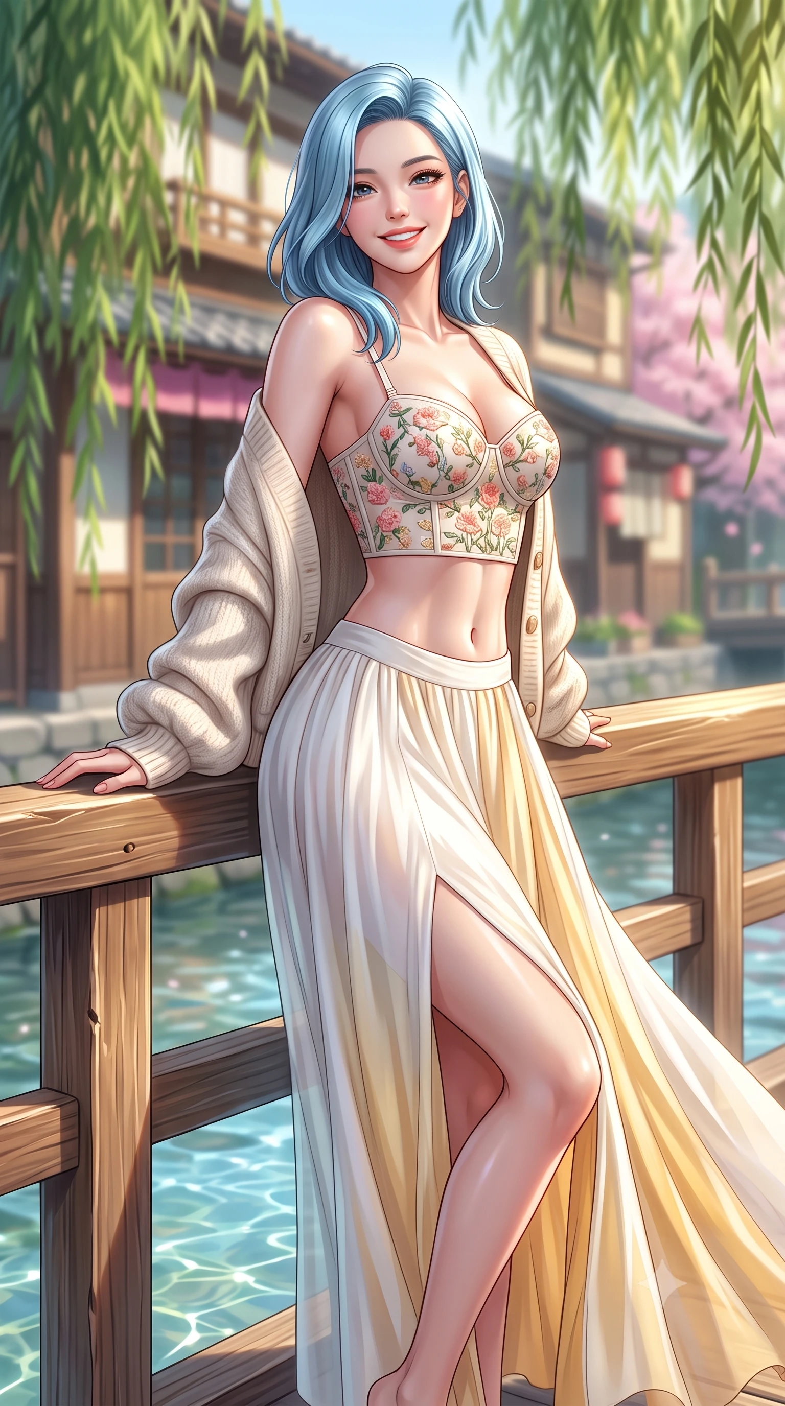 score_9, masterpiece, best quality, ultra-detailed, high-budget anime keyframe, semi-realistic 3D game render, editorial fashion photography, tasteful artistic composition, Korean woman. close-up cowboy shot from the waist and thighs up, the character dominates the composition, filling the frame with her large presence. leaning back against the sunlit railing with relaxed seductive grace, her flat midriff and narrow waist highlighted as she smiles brightly with bewitching eyes while walking dynamically along the crystal-clear shallow canal, her form-hugging outfit accentuating her narrow waist and curvy hips in the gentle breeze. The composition keeps background elements in soft focus with dreamy creamy bokeh. swaying emerald weeping willow branches and historic wooden teahouse facades blurred into soft jade, amber, and cherry blossom bokeh. She has an exceptionally elegant, slender, and willowy female figure with an ultra-slim waist, flat toned midriff, narrow ribcage, and sculpted feminine hips creating an alluring, slim hourglass silhouette without bulk. sharp v-shaped jawline, high-bridge nose, intricate jewel-like sparkling eyes with depth, thick eyelashes, glossy parted lips with a natural peach sheen, bright cheerful beaming smile with an enchanting and coquettish sensual glint, exuding both youthful cute charm and seductive allure, flawlessly proportioned anatomical accuracy, strict slender model proportions, natural body alignment, perfectly sculpted long slender limbs, ultra-slim waistline, clean dynamic posture without body distortion. wearing a delicate floral embroidery bustier top paired with a flowy high-slit chiffon maxi skirt with a side hip opening in pure alabaster white and sun-kissed gold, crafted from soft cozy cashmere yarn with an airy drape, complemented by an oversized soft knit cardigan slipping off one bare shoulder, the form-contouring cut accentuating her sculpted flat midriff, narrow delicate ribcage, and gracefully curvy hips with supermodel precision. illuminated by crystal water specular reflections accentuating her sculpted midriff, narrow waist, and curvy hips. highly saturated vibrant anime colors, detailed shading with soft gradients, rich glossy textures, high-contrast stereoscopic depth, volumetric dynamic lighting, master piece, 9:16 ratio
