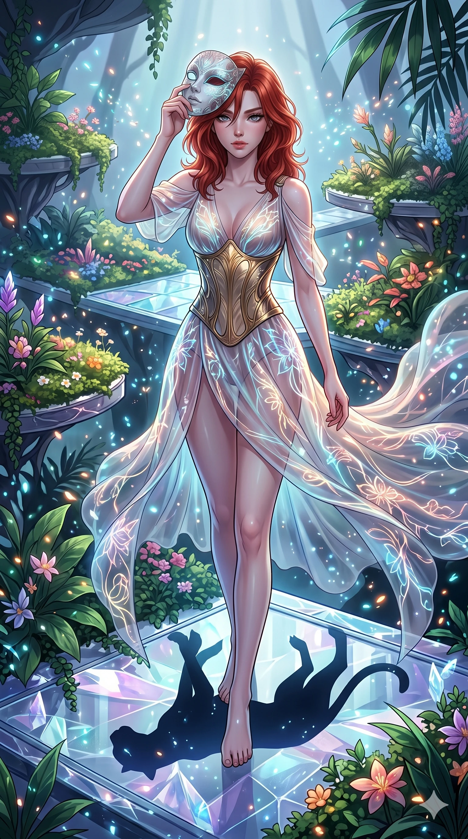 score_9, masterpiece, best quality, ultra-detailed, Set A: High-budget Anime Keyframe, Japanese woman. Low angle cowboy shot filling the entire 9:16 frame with her statuesque presence. Adjusting a mask through a floating botanical garden, while her shadow mimics the movements of a predator 215 and surrounded by glowing energy sparks. She has an absolutely perfect 8-heads proportion, an exceptionally tall and slender female figure with impossibly long slender legs and an ultra-slim waist. Sharp v-shaped jawline, high-bridge nose, intricate jewel-like eyes with depth, thick eyelashes, glossy lips with a natural sheen. Wearing Sheer chiffon gown with a metallic corset and bioluminescent floral patterns. Cinematic lighting, vibrant colors, dramatic shadows, 2k, ultra detail, master piece, 9:16 ratio