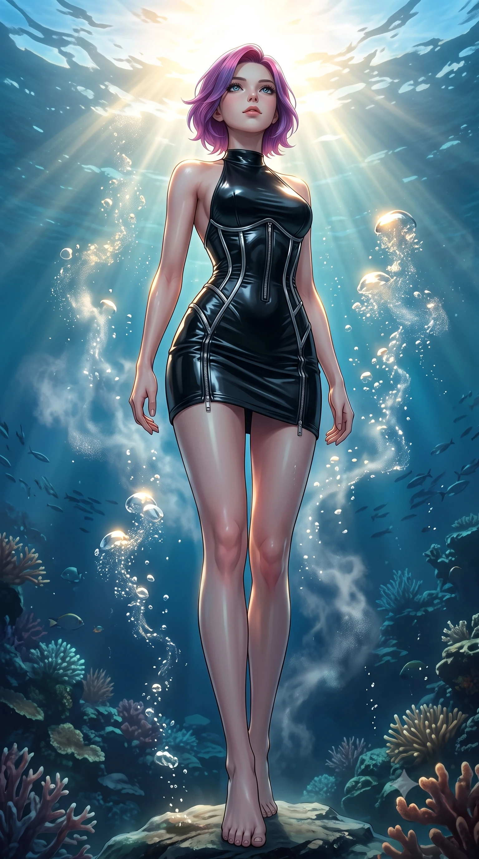 score_9, masterpiece, best quality, ultra-detailed, high-budget anime keyframe, editorial fashion photography, tasteful artistic composition, Caucasian woman. low angle full-body shot from head to toe showing her feet, filling the entire 9:16 vertical frame with her statuesque presence, stretching her vertical silhouette. forging confidently through the floating mist, holding a poised statuesque stance, looking up at the sunlit water surface with a calm, serene expression, rising air bubbles catching bright golden rim highlights. She has an absolutely perfect, statuesque 8.5-heads proportion, an exceptionally tall and slender model-like female figure with impossibly long slender legs and an ultra-slim waist. sharp v-shaped jawline, high-bridge nose, intricate jewel-like eyes with depth, thick eyelashes, glossy lips with a natural sheen. wearing backless liquid vinyl mini slip dress with bare shoulder halter neckline in pitch-black onyx, made of liquid dark mercury jersey, finished with metallic silver boning and sleek zipper points, contouring every curve with an exceptionally elegant silhouette. lit by clear sunbeams penetrating ocean depths with soft shadows. highly saturated vibrant anime colors, detailed shading with soft gradients, rich glossy textures, high-contrast stereoscopic depth, volumetric dynamic lighting, master piece, 9:16 ratio