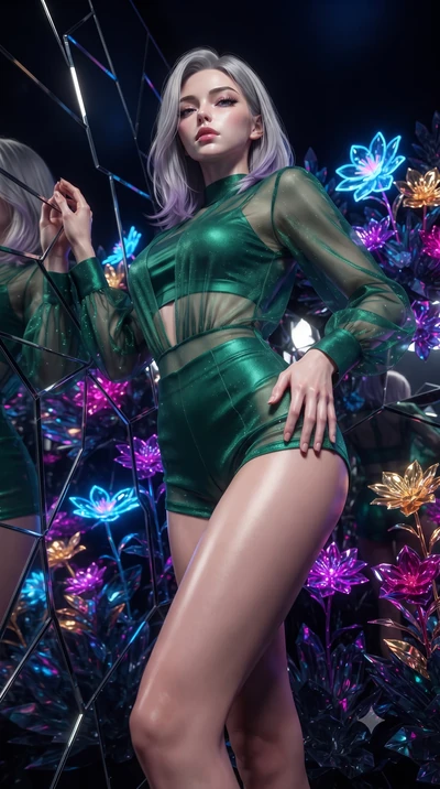 score_9, masterpiece, best quality, ultra-detailed, High-budget Anime Keyframe, editorial fashion photography, tasteful artistic composition, realistic cosplay photography, Caucasian woman, strictly human ears. Low angle cowboy shot filling the entir