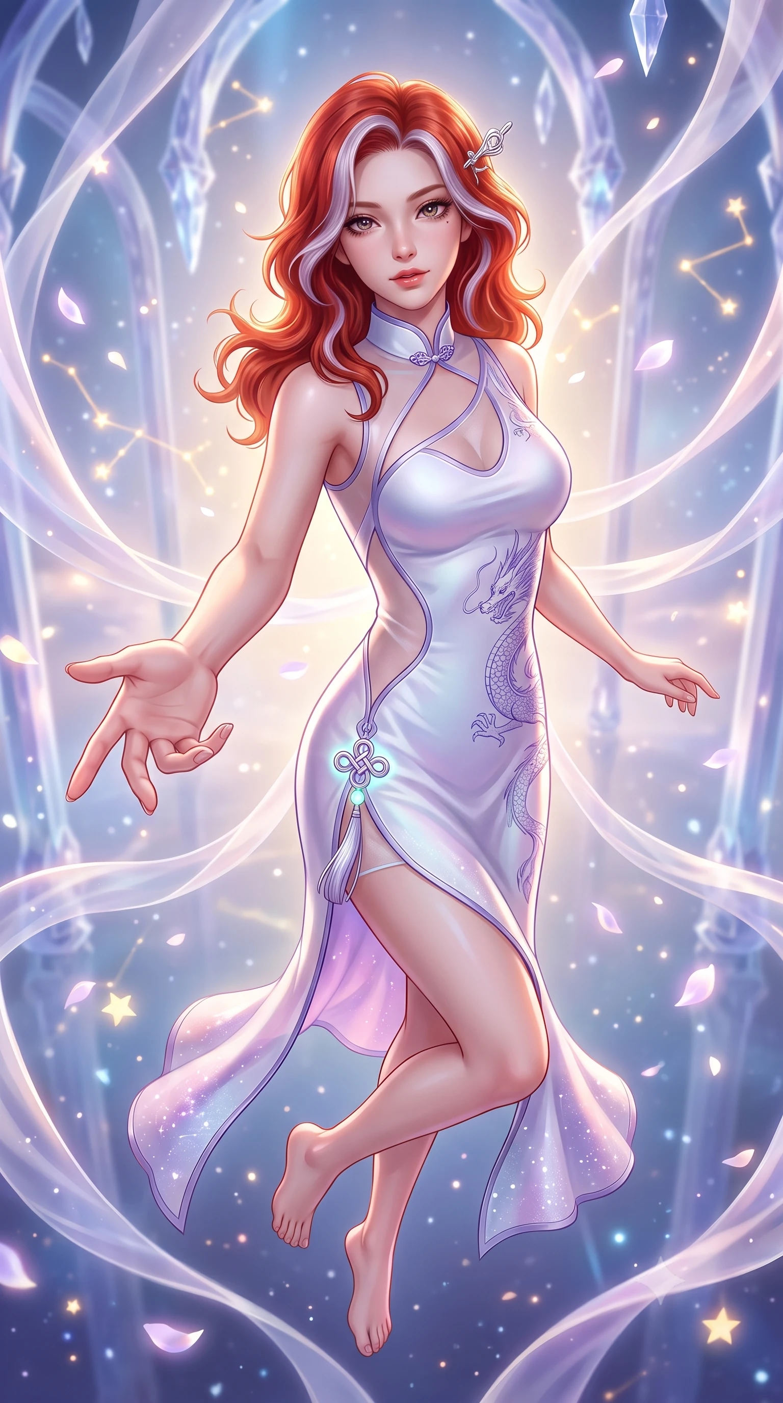 score_9, masterpiece, best quality, ultra-detailed, high-budget anime keyframe, semi-realistic 3D game render, editorial fashion photography, tasteful artistic composition, Caucasian woman. close-up cowboy shot from the waist and thighs up, the character dominates the composition, filling the frame with her large presence. extending one slender arm gracefully toward the foreground while casting an affectionate, mesmerizing glance while floating weightlessly in a celestial sanctuary chamber where endless translucent silk ribbons and glowing star petals drift in zero gravity. The composition keeps background elements in soft focus with creamy bokeh. infinite celestial mirror walls and floating crystal arches softened in dreamy shallow focus. She has an exceptionally elegant, slender, and willowy female figure with an ultra-slim waist, a gracefully sculpted slender torso, toned flat midriff, and a refined slim silhouette. sharp v-shaped jawline, high-bridge nose, intricate jewel-like eyes with depth, thick eyelashes, glossy lips with a natural sheen, captivating and magnetic expression, flawlessly proportioned anatomical accuracy, strict slender model proportions, natural body alignment, perfectly sculpted long slender limbs, ultra-slim waistline, clean dynamic posture without body distortion. wearing a dragon-embroidered silk cheongsam modern dress with asymmetrical sheer mesh cutouts and high Mandarin collar in celestial opal white and stardust violet, crafted from weightless prism organza that refracts light with every motion, accented with a glowing metallic norigae knot charm and silver hairpin, the form-contouring material adhering flawlessly to her sculpted flat midriff and slender torso, emphasizing her long leg lines and perfectly proportioned willowy build. bathed in multidirectional celestial starlight and warm golden constellation backlighting. highly saturated vibrant anime colors, detailed shading with soft gradients, rich glossy textures, high-contrast stereoscopic depth, volumetric dynamic lighting, master piece, 9:16 ratio