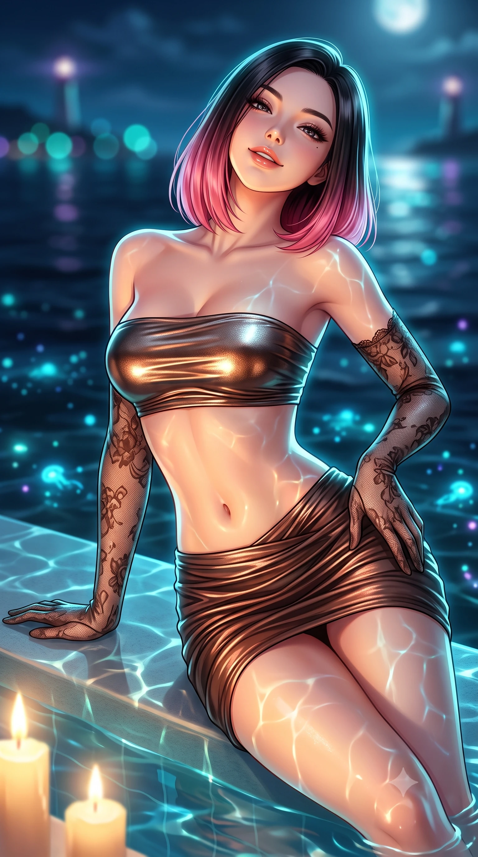score_9, masterpiece, best quality, ultra-detailed, high-budget anime keyframe, semi-realistic 3D game render, editorial fashion photography, tasteful artistic composition, Korean woman. close-up cowboy shot from the waist and thighs up, the character dominates the composition, filling the frame with her large presence. tilting her head with a teasing half-smile, running one hand slowly down the side of her hip in a flirtatious S-curve as warm candlelight caresses her silhouette while lounging on the submerged pool tanning shelf propped on one elbow, her flat midriff and long slender limbs commanding the moonlit coastal vista. The background shows a soft-focus the vast obsidian sea dotted with glowing bioluminescent plankton and distant island lighthouses blurred into teal, cyan, and amethyst bokeh. She has an exceptionally elegant, slender, and willowy female figure with an ultra-slim waist, flat toned midriff, narrow ribcage, and sculpted feminine hips creating an alluring, slim hourglass silhouette without bulk. sharp v-shaped jawline, high-bridge nose, sparkling eyes with hypnotic seductive depth, thick curled eyelashes, glossy parted lips with a natural dewy peach sheen, alluring bedroom-eyes with an enchanting coquettish smile, exuding magnetic siren charisma and sophisticated high-fashion glamour, flawlessly proportioned anatomical accuracy, strict slender model proportions, natural body alignment, perfectly sculpted long slender limbs, ultra-slim waistline, clean dynamic posture without body distortion. wearing a liquid metallic lamé bandeau top paired with a curve-accentuating ruched low-rise mini skirt in sultry espresso bronze and metallic copper, made of semi-opaque stretch illusion mesh with soft shadowy contours, complemented by sheer opera-length lace evening gloves tracing her slender arms, the second-skin tailored fabric adhering flawlessly to her sculpted flat midriff and slender torso, emphasizing her long leg lines and perfectly proportioned willowy build. illuminated by aquatic caustic bounce and sharp platinum-cyan rim lights sculpting her jawline, narrow waist, and curvy hips. highly saturated vibrant anime colors, detailed shading with soft gradients, rich glossy textures, high-contrast stereoscopic depth, volumetric dynamic lighting, master piece, 9:16 ratio