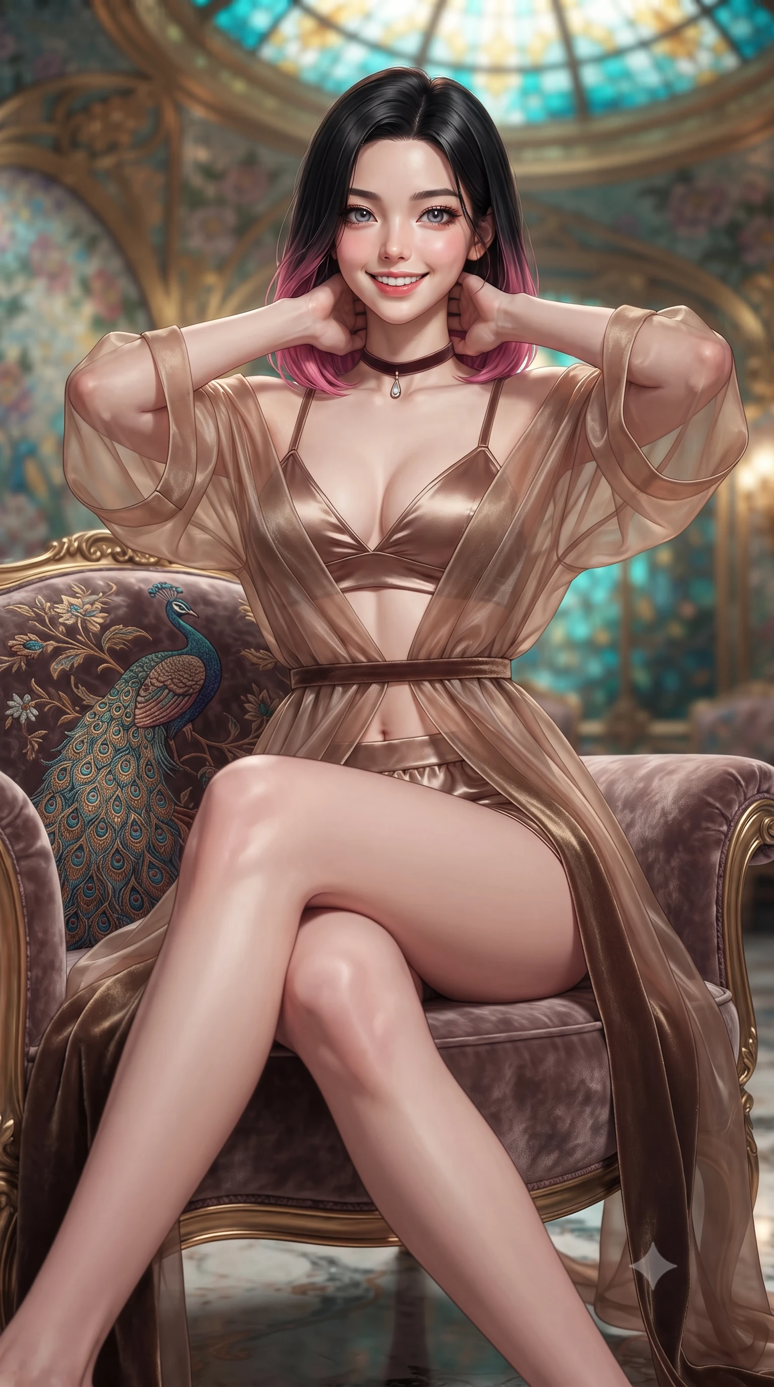 score_9, masterpiece, best quality, ultra-detailed, high-budget anime keyframe, editorial fashion photography, tasteful artistic composition, Korean woman. close-up cowboy shot from the waist and thighs up, the character dominates the composition, filling the frame with her large presence. resting both hands lightly behind her neck with elbows raised, arching her spine to highlight her narrow waist, flat midriff, and breathtaking collarbones while sitting gracefully on the peacock-embroidered velvet armchair with legs crossed, her statuesque 8.5-heads silhouette commanding the sanctuary. The background shows a soft-focus sinuous gilded Art Nouveau whiplash curves, floral mosaic murals, and glowing stained-glass dome panels blurred into turquoise, gold, and jade bokeh. She has an exceptionally elegant, slender, and willowy female figure with an ultra-slim waist, flat toned midriff, narrow ribcage, and sculpted feminine hips creating an alluring, slim hourglass silhouette without bulk. sharp v-shaped jawline, high-bridge nose, intricate jewel-like sparkling eyes with depth, thick eyelashes, glossy parted lips with a natural peach sheen, bright cheerful beaming smile with an enchanting and coquettish sensual glint, exuding both youthful cute charm and seductive allure, flawlessly proportioned anatomical accuracy, strict slender model proportions, natural body alignment, perfectly sculpted long slender limbs, ultra-slim waistline, clean dynamic posture without body distortion. wearing a sheer silk organza modern caftan robe worn loose and slipping off bare shoulders over a matching satin bralette and micro-shorts in antique bronze copper and dewy ivory silk, tailored from ultra-plush silk velvet with rich tactile depth and deep shadow gradients, finished with a thin velvet ribbon choker and a single teardrop diamond pendant, the form-contouring silhouette accentuating her sculpted flat midriff, narrow delicate ribcage, and gracefully curvy hips with intoxicating allure. illuminated by marble floor reflection bounce and sharp rose-gold rim lights sculpting her jawline, narrow waist, and curvy hips. ultra-reflective glossy finish, specular highlights, rich textural contrasts, high-contrast stereoscopic depth, volumetric dynamic lighting, 2k, ultra detail, master piece, 9:16 ratio