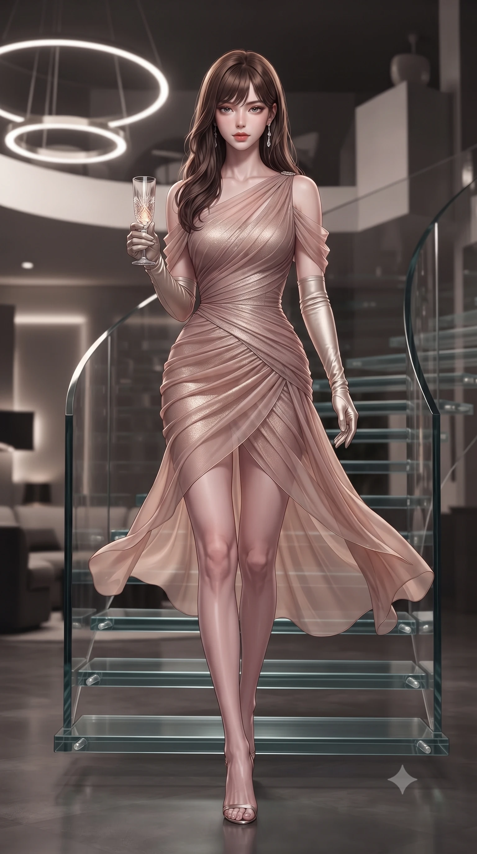 score_9, masterpiece, best quality, ultra-detailed, high-budget anime keyframe, editorial fashion photography, tasteful artistic composition, Korean woman. low angle full-body shot from head to toe showing her feet, filling the entire 9:16 vertical frame with her statuesque presence, stretching her vertical silhouette. striding forward in a proud supermodel runway stride, hips swaying in an alluring kinetic rhythm that accentuates her curvy hourglass silhouette while posing on the floating steps of a sculptural glass spiral staircase, arching her lower back to emphasize her curvy hips and long legs. The composition keeps background elements in soft focus with creamy bokeh. minimalist LED light rings and avant-garde furniture silhouettes blurred into sharp monochrome, champagne, and chrome bokeh. She has an exceptionally tall and slender model-like 8.5-heads proportion, an ultra-slim waist, a flat toned midriff, narrow delicate ribcage, and beautifully sculpted feminine hips creating a graceful, slim hourglass silhouette without any bulky heaviness, with impossibly long slender legs. sharp v-shaped jawline, high-bridge nose, intricate jewel-like eyes with depth, thick eyelashes, glossy parted lips with a natural sheen, intensely captivating and seductive bedroom-eyes expression, flawlessly proportioned anatomical accuracy, strict slender model proportions, natural body alignment, perfectly sculpted long slender limbs, ultra-slim waistline, clean dynamic posture without body distortion. wearing a form-contouring cocktail dress with an asymmetrical open shoulder and hip-defining ruching in dusky blush rose and champagne shimmer, woven from layered gossamer chiffon with a weightless sweeping drape, accessorized with opera-length satin gloves and a vintage crystal glass, the glove-like aerodynamic silhouette tightly following the natural contour of her hips and long slender legs with statuesque 8.5-heads elegance. bathed in precise architectural LED spotlight beams and soft floor-level ambient fill. ultra-reflective glossy finish, specular highlights, rich textural contrasts, high-contrast stereoscopic depth, volumetric dynamic lighting, 2k, ultra detail, master piece, 9:16 ratio