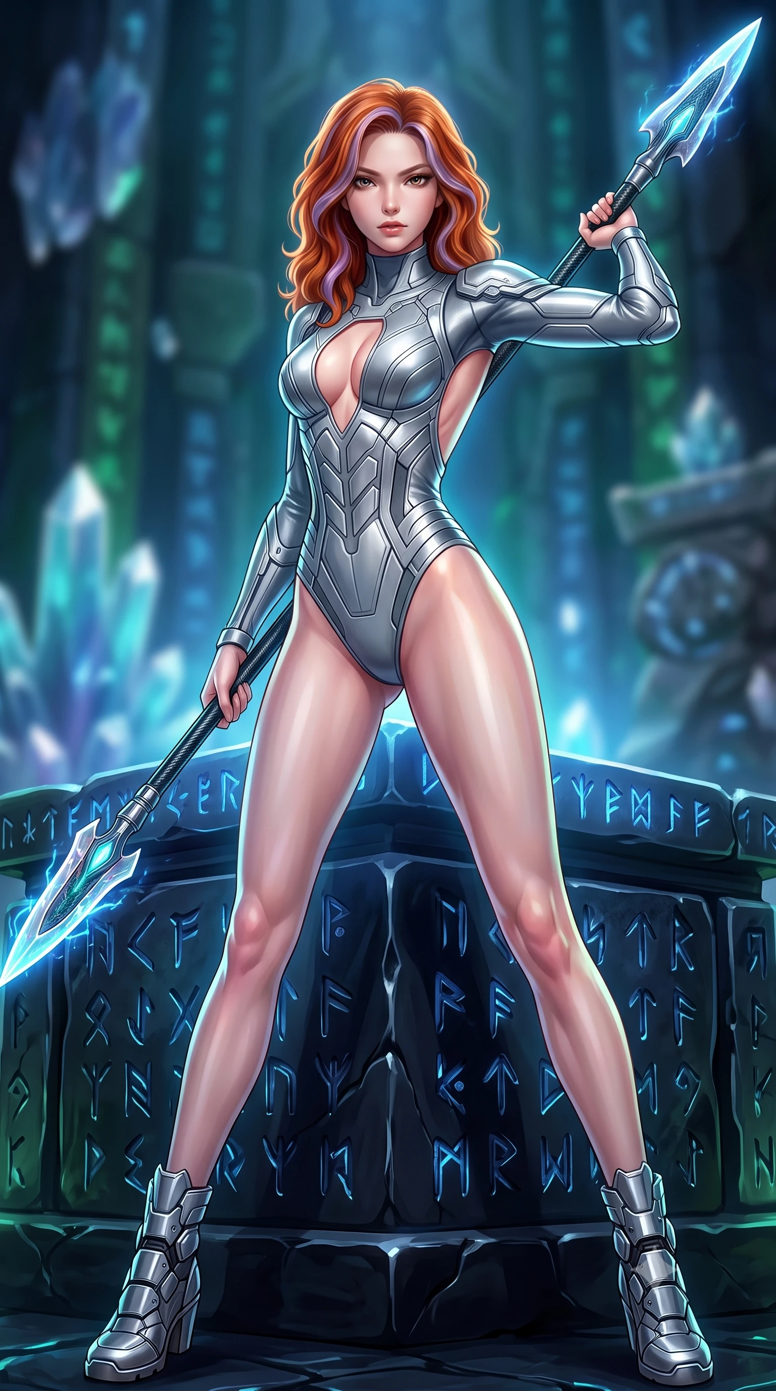 score_9, masterpiece, best quality, ultra-detailed, high-budget anime keyframe, editorial fashion photography, tasteful artistic composition, Caucasian woman. low angle full-body shot from head to toe showing her feet, filling the entire 9:16 vertical frame with her statuesque presence, stretching her vertical silhouette. standing in a dynamic combat stance with a carbon-fiber spear held diagonally, stretching her statuesque body, the background shows a soft-focus a crystal temple altar made of dark obsidian stone and glowing runes. She has an absolutely perfect, statuesque 8.5-heads proportion, an exceptionally tall and slender model-like female figure with impossibly long slender legs and an ultra-slim waist. sharp v-shaped jawline, high-bridge nose, intricate jewel-like eyes with depth, thick eyelashes, glossy lips with a natural sheen. wearing a form-contouring backless combat bodysuit in metallic silver, featuring a plunging keyhole cutout and low-cut back. soft blue light radiating from carved runes, casting an eerie uplight. highly saturated vibrant anime colors, detailed shading with soft gradients, rich glossy textures, high-contrast stereoscopic depth, volumetric dynamic lighting, master piece, 9:16 ratio