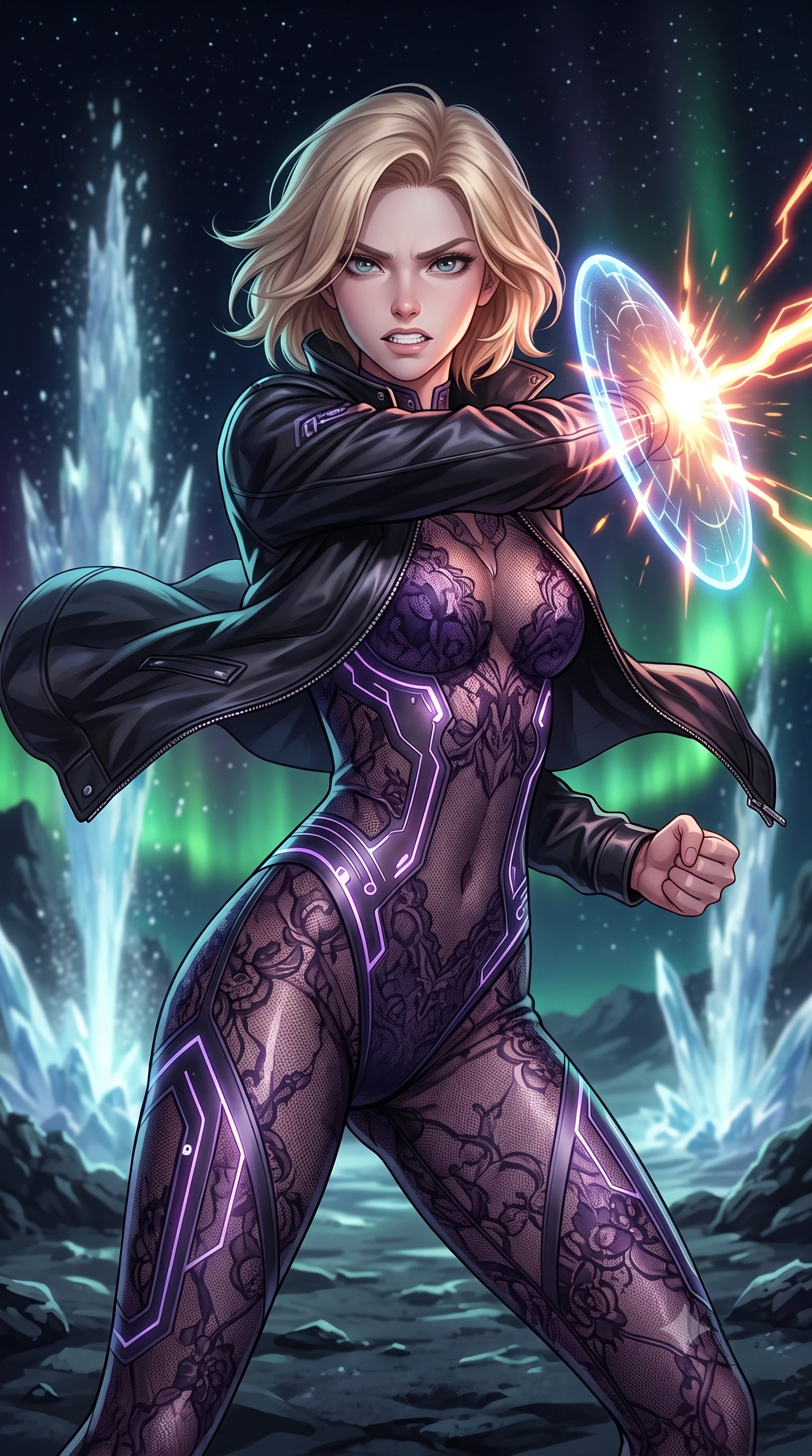 score_9, masterpiece, best quality, ultra-detailed, high-budget anime keyframe, editorial fashion photography, tasteful artistic composition, Caucasian woman, strictly human ears. close-up cowboy shot from the waist and thighs up, the character dominates the composition, filling the frame with her large presence, background elements kept in soft focus. Deflecting incoming plasma bolts with a glowing energy shield attached to her forearm, teeth grit in determination. set against a soft-focus background of a dark rocky moon with geysers shooting frozen methane crystals high into a star-filled sky. She has an exceptionally elegant and slender, willowy female figure with an ultra-slim waist, a gracefully sculpted slender torso, and a refined slim physique. sharp v-shaped jawline, high-bridge nose, intricate jewel-like eyes with depth, thick eyelashes, glossy lips with a natural sheen. wearing the lightweight fabric rippling and billowing dramatically with her movement, a form-contouring sheer dark violet lace catsuit with strategic glowing circuit patterns, layered under an open black leather flight jacket. highly saturated vibrant anime colors, intense vivid color palette, soft 3D volumetric shading, volumetric dynamic lighting, green aurora light casting color on the ice crystals and ground. 2k, ultra detail, master piece, 9:16 ratio
