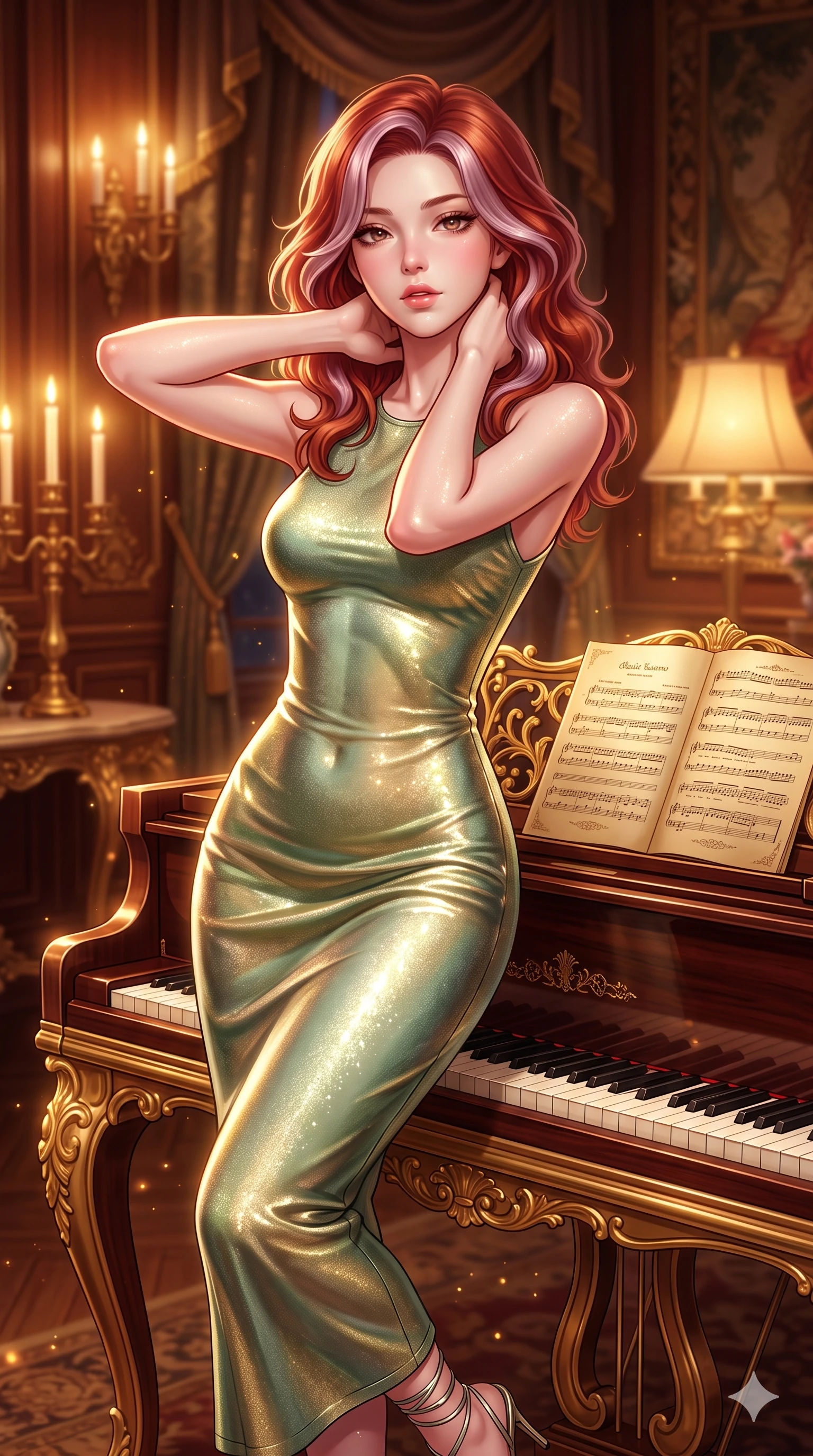 score_9, masterpiece, best quality, ultra-detailed, high-budget anime keyframe, semi-realistic 3D game render, editorial fashion photography, tasteful artistic composition, Caucasian woman. close-up cowboy shot from the waist and thighs up, the character dominates the composition, filling the frame with her large presence. resting both hands lightly behind her neck with elbows raised, arching her spine to highlight her narrow waist, flat midriff, and breathtaking collarbones while lounging poised beside the mirror-polished rosewood harpsichord, arching her spine with dancer-like elegance while resting one hand on the gilded instrument lid. The surrounding environment is rendered in vivid detail and crisp panoramic clarity: sharp ivory and ebony keyboard keys, gilded leg carvings, and crisp gold-leaf music score engravings in deep focus. She has an exceptionally elegant, slender, and willowy female figure with an ultra-slim waist, flat toned midriff, narrow ribcage, and sculpted feminine hips creating an alluring, slim hourglass silhouette without bulk. sharp v-shaped jawline, high-bridge nose, intricate jewel-like sparkling eyes with depth, thick eyelashes, glossy parted lips with a natural sheen, intensely captivating and seductive bedroom-eyes expression, exuding both youthful cute charm and sovereign luxury allure, flawlessly proportioned anatomical accuracy, strict slender model proportions, natural body alignment, perfectly sculpted long slender limbs, ultra-slim waistline, clean dynamic posture without body distortion. wearing a body-contouring metallic lurex knit column dress casting radiant starlight shimmer across her flat midriff in celadon jade and antique gold-leaf, tailored from smooth liquid silk satin that clings smoothly to her narrow waist and rounded hips with a dewy sheen, complemented by strappy stiletto sandals with metallic ankle wraps accentuating her slender calves, the form-contouring cut accentuating her sculpted flat midriff, narrow delicate ribcage, and gracefully curvy hips with intoxicating allure. bathed in the soft, intimate warm 2600K ambient light of candelabras and gilded table lamps. highly saturated vibrant anime colors, detailed shading with soft gradients, rich glossy textures, high-contrast stereoscopic depth, volumetric dynamic lighting, master piece, 9:16 ratio