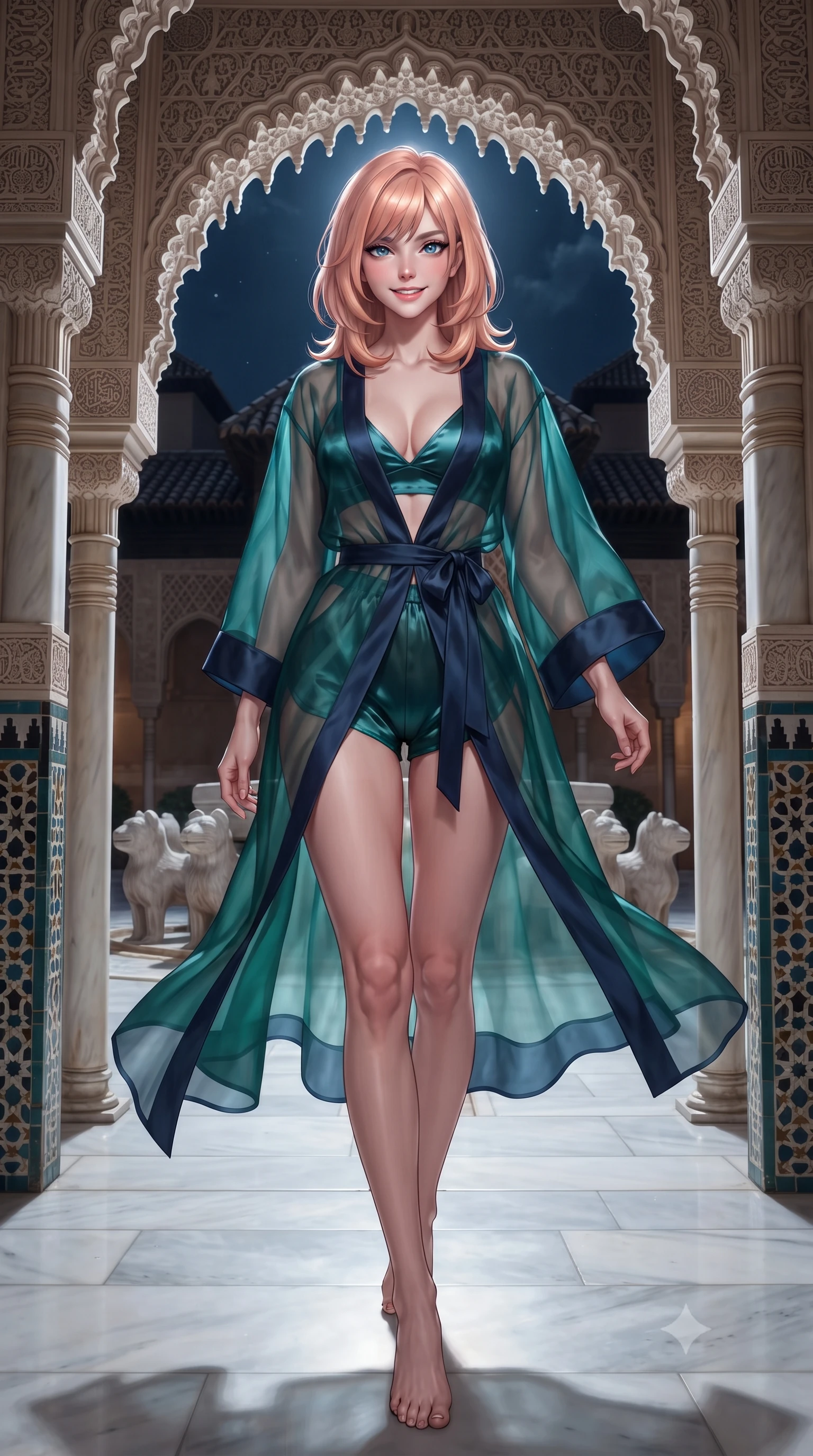 score_9, masterpiece, best quality, ultra-detailed, high-budget anime keyframe, editorial fashion photography, tasteful artistic composition, Japanese woman. low angle full-body shot from head to toe showing her feet, filling the entire 9:16 vertical frame with her statuesque presence, stretching her vertical silhouette. stepping slowly toward the camera with hypnotic grace, hips swaying in an alluring sensual rhythm that accentuates her curvy hourglass silhouette and long slender legs while standing poised between slender white marble columns beneath intricate carved muqarnas stalactite arches, arching her lower back with sovereign supermodel grace as moonlight illuminates the twelve stone lions of the fountain. The surrounding environment is rendered in vivid detail and crisp panoramic clarity: sharp hand-carved muqarnas plaster honeycomb vaults, glazed blue-and-gold zellij tile wainscoting, and white marble column capitals in deep focus. She has an exceptionally tall and slender model-like 8.5-heads proportion, an ultra-slim waist, a flat toned midriff, narrow delicate ribcage, and beautifully sculpted feminine hips creating a graceful, slim hourglass silhouette without any bulky heaviness, with impossibly long slender legs. sharp v-shaped jawline, high-bridge nose, intricate jewel-like sparkling eyes with depth, thick eyelashes, glossy parted lips with a natural peach sheen, bright cheerful beaming smile with an enchanting and coquettish sensual glint, exuding both youthful cute charm and seductive allure, flawlessly proportioned anatomical accuracy, strict slender model proportions, natural body alignment, perfectly sculpted long slender limbs, ultra-slim waistline, clean dynamic posture without body distortion. wearing a sheer silk organza modern kimono robe worn loose and slipping off bare shoulders over a matching satin bralette and micro-shorts in Lake Tegernsee emerald glass and royal Bavarian navy, crafted from translucent silk organza with an ethereal crystalline sheen, finished with satin ribbon ties at the shoulders fluttering in the gentle breeze, the high-slit wrap tailoring accentuating her ultra-slim waistline and the enchanting curve of her feminine hips with alluring seductive charm. illuminated by white marble floor reflection bounce and sharp platinum-gold rim lights sculpting her razor-sharp jawline, narrow waist, and curvy hips. ultra-reflective glossy finish, specular highlights, rich textural contrasts, high-contrast stereoscopic depth, volumetric dynamic lighting, 2k, ultra detail, master piece, 9:16 ratio