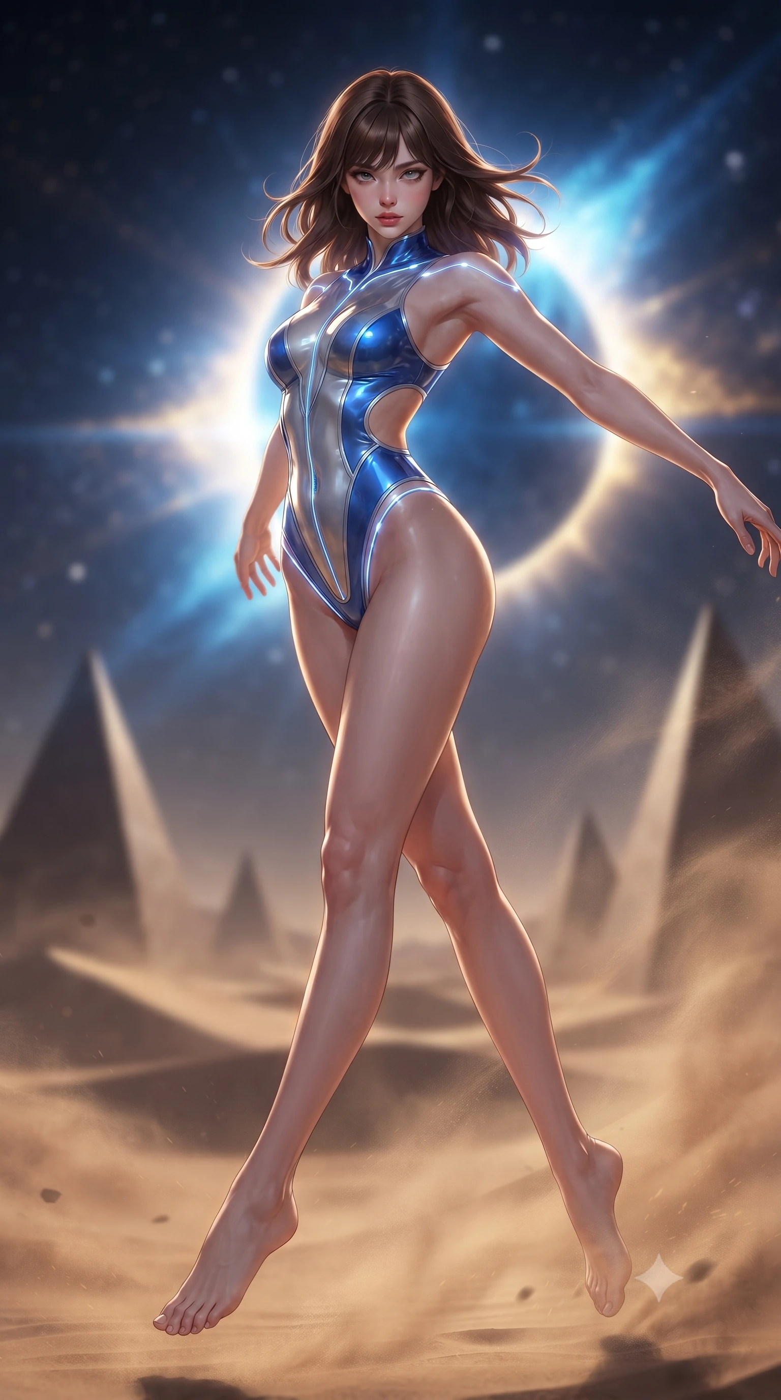 score_9, masterpiece, best quality, ultra-detailed, high-budget anime keyframe, editorial fashion photography, tasteful artistic composition, Korean woman. low angle full-body shot from head to toe showing her feet, filling the entire 9:16 vertical frame with her statuesque presence, stretching her vertical silhouette. performing an alluring mid-air vault with flawless poise, looking directly into the camera with smoldering intensity while arching her spine in a powerful yet alluring stance against the desert winds as cosmic corona flares illuminate her silhouette. The composition keeps background elements in soft focus with creamy bokeh. distant desert dunes and obsidian temple obelisks softened by atmospheric shallow focus. She has an absolutely perfect, statuesque 8.5-heads proportion, an exceptionally tall and slender model-like female figure with impossibly long slender legs, a toned flat midriff, and an ultra-slim waist. sharp v-shaped jawline, high-bridge nose, intricate jewel-like eyes with depth, thick eyelashes, glossy lips with a natural sheen, flawlessly proportioned anatomical accuracy, strict slender model proportions, natural body alignment, perfectly sculpted long slender limbs, ultra-slim waistline, clean dynamic posture without body distortion. wearing a high-cut translucent vinyl leotard with front paneling, exposed side-rib cutouts, and an open back in liquid electric cobalt blue and polished silver, made of liquid metal jersey that clings flawlessly to every contour of her build, accented with glowing fiber-optic seams tracing her collarbones and hip curves, the sleek second-skin cut tightly hugging her graceful clavicle, narrow waist, and feminine curves with athletic precision. illuminated by sharp golden rim lights tracing her ultra-slim waist, long legs, and sculpted collarbones. ultra-reflective glossy finish, specular highlights, metallic sheen, high-contrast stereoscopic depth, volumetric dynamic lighting, 2k, ultra detail, master piece, 9:16 ratio