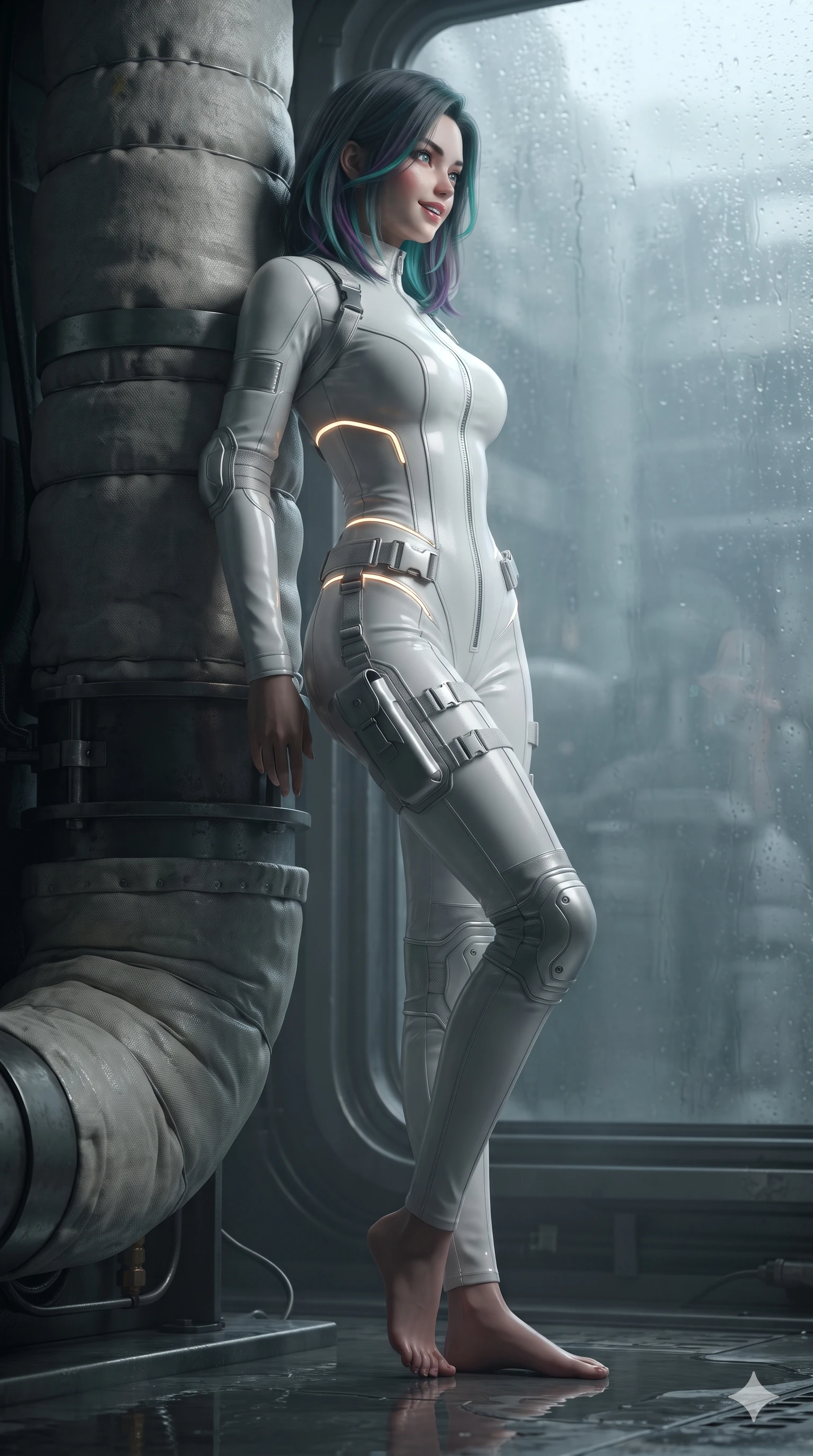 score_9, masterpiece, best quality, ultra-detailed, high-budget anime keyframe, editorial fashion photography, tasteful artistic composition, Caucasian woman. low angle full-body shot from head to toe showing her feet, filling the entire 9:16 vertical frame with her statuesque presence, stretching her vertical silhouette. posing in a classic haute-couture S-curve stance beside the panoramic viewport, looking over a bare shoulder with magnetic presence while leaning against a heavy insulated conduit casing with hips cocked back, casting an intoxicating bedroom-gaze through condensation droplets. The background shows a soft-focus industrial mist softened in subterranean thermal exchange facility shallow focus. She has an absolutely perfect, statuesque 8.5-heads proportion, an exceptionally tall and slender model-like female figure with impossibly long slender legs, an ultra-slim waist, a flat toned midriff, narrow delicate ribcage, and beautifully sculpted feminine hips creating a graceful, slim hourglass silhouette without any bulky heaviness. sharp v-shaped jawline, high-bridge nose, intricate jewel-like sparkling eyes with depth, thick eyelashes, glossy parted lips with a natural sheen, bright confident smile with an enchanting and coquettish sensual glint, exuding both youthful magnetic charm and sovereign high-tech allure, flawlessly proportioned anatomical accuracy, strict slender model proportions, natural body alignment, perfectly sculpted long slender limbs, ultra-slim waistline, clean dynamic posture without body distortion. wearing a high-neck tactical reconnaissance jumpsuit with reinforced knee and elbow articulation guards in pure alabaster white and brushed silver accents, woven from high-density tech-wool with subtle metallic thread weave, finished with polished chrome buckle hardware and modular magnetic holster clasps, the impeccably tailored cut draping gracefully along her slender figure with aristocratic poise. illuminated by floor puddle reflections and sharp amber-white rim lights carving her sculpted collarbones, ultra-slim waist, and curvy hips. ultra-reflective glossy finish, specular highlights, rich textural contrasts, high-contrast stereoscopic depth, volumetric dynamic lighting, 2k, ultra detail, master piece, 9:16 ratio