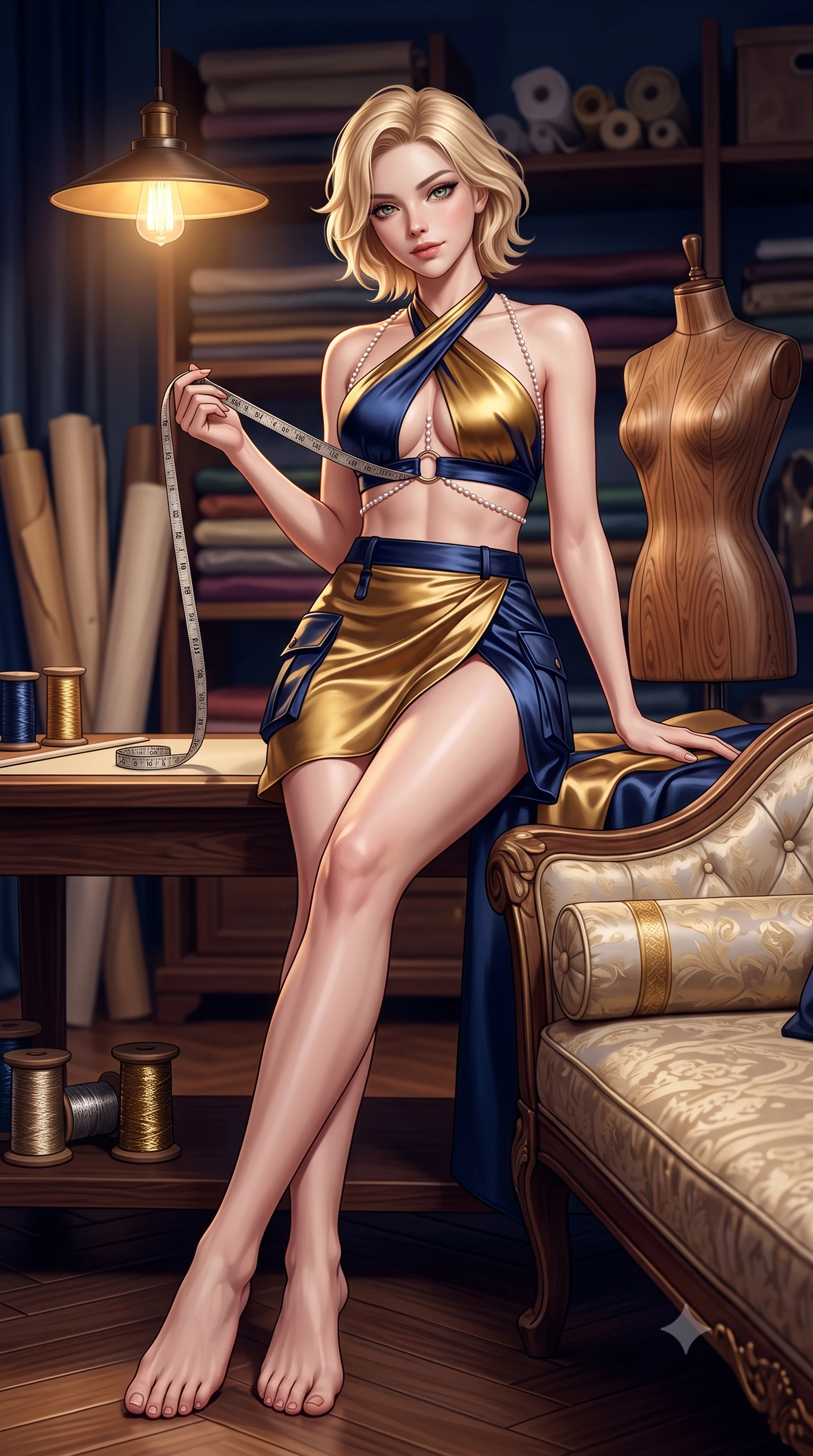 score_9, masterpiece, best quality, ultra-detailed, high-budget anime keyframe, semi-realistic 3D game render, editorial fashion photography, tasteful artistic composition, Caucasian woman. low angle full-body shot from head to toe showing her feet, filling the entire 9:16 vertical frame with her statuesque presence, stretching her vertical silhouette. lounging on the lavish daybed with legs crossed and hips angled toward the camera, displaying her toned midriff and long slender limbs with effortless siren poise while sitting perched on the tailor's cutting table with legs extended, holding a vintage measuring tape with playful seductive cool. The surrounding environment is rendered in vivid detail and crisp panoramic clarity: sharp antique mannequin wood grain, tape measure markings, and intricate metallic brocade threads in deep focus. She has an absolutely perfect, statuesque 8.5-heads proportion, an exceptionally tall and slender model-like female figure with impossibly long slender legs, an ultra-slim waist, a flat toned midriff, narrow delicate ribcage, and beautifully sculpted feminine hips creating a graceful, slim hourglass silhouette without any bulky heaviness. sharp v-shaped jawline, high-bridge nose, sparkling eyes with hypnotic seductive depth, thick curled eyelashes, glossy parted lips with a natural dewy peach sheen, alluring bedroom-eyes with an enchanting coquettish smile, exuding magnetic siren charisma and sophisticated glamour, flawlessly proportioned anatomical accuracy, strict slender model proportions, natural body alignment, perfectly sculpted long slender limbs, ultra-slim waistline, clean dynamic posture without body distortion. wearing a high-waisted tactical wrap mini skirt with dual utility pockets paired with a plunging criss-cross halter sports top in molten liquid gold and midnight indigo, crafted from fluid liquid silk satin that clings smoothly to every curve with a dewy sheen, accented with a pearl-drop body harness subtly framing her dewy collarbones and spine, the high-slit wrap tailoring accentuating her ultra-slim waistline and the enchanting curve of her feminine hips with alluring seductive charm. bathed in soft warm incandescent atelier lamps hanging low over work tables. highly saturated vibrant anime colors, detailed shading with soft gradients, rich glossy textures, high-contrast stereoscopic depth, volumetric dynamic lighting, master piece, 9:16 ratio