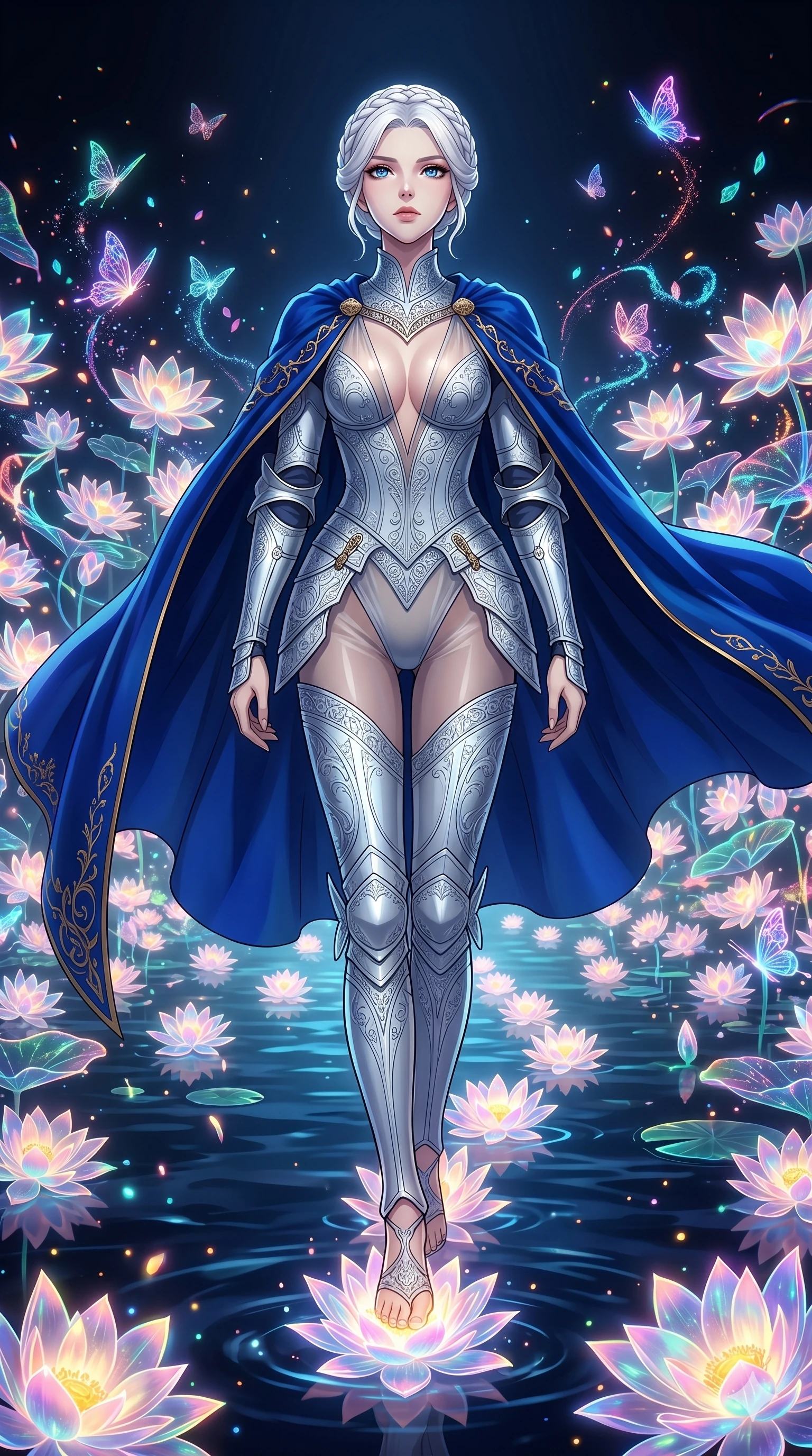 score_9, masterpiece, best quality, ultra-detailed, High-budget Anime Keyframe, vibrant colors, fluid line-art, expressive lighting, cinematic composition, Ufotable-style visual effects, top-tier animation quality, Japanese woman with delicate and elegant anime-inspired features. Low angle cowboy shot filling the entire 9:16 frame with her statuesque presence, looking up to emphasize her height. Creating a path of glowing lotus flowers with every step across a dark lake. She has an absolutely perfect 8-heads proportion, an exceptionally tall and slender female figure with impossibly long slender legs and an ultra-slim waist, her statuesque height and towering silhouette dominating the vertical 9:16 frame. Her face is a masterpiece featuring a sharp v-shaped jawline, high-bridge nose, intricate jewel-like eyes with depth, thick eyelashes, and glossy lips with a natural sheen. She is wearing a Form-fitting light silver plate armor with intricate engravings, over a sheer silk bodysuit with a deep plunging neckline, and a royal blue velvet cape.. The scene is set in a digital garden filled with holographic lotus flowers and neon butterflies. 2k, ultra detail, master piece, 9:16 ratio