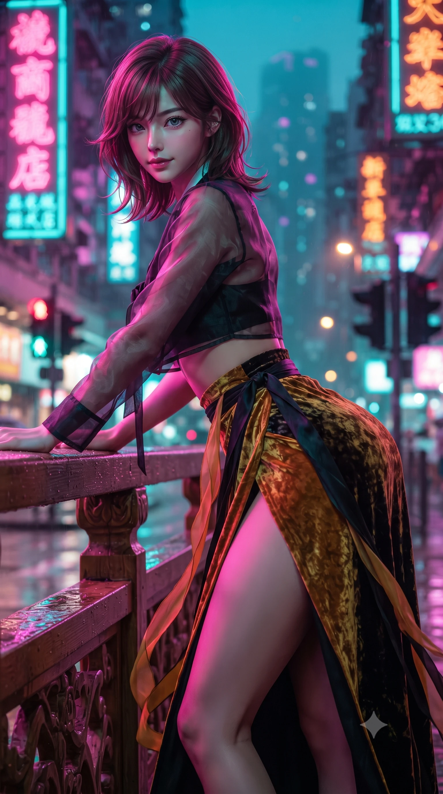 score_9, masterpiece, best quality, ultra-detailed, high-budget anime keyframe, editorial fashion photography, tasteful artistic composition, Korean woman. close-up cowboy shot from the waist and thighs up, the character dominates the composition, filling the frame with her large presence. leaning forward over the carved veranda balustrade while arching her lower back to accentuate her curvy hips, looking into the camera with an enchanting coquettish smile and bedroom-eyes while leaning against a weathered steel railing with hips cocked back, looking over a bare shoulder with an alluring, dangerous half-smile into the neon fog. The background shows a soft-focus dizzying vertical kanji neon signs, passing elevated traffic, and mist-veiled Victoria Peak blurred into saturated magenta, cyan, and amber bokeh. She has an exceptionally elegant, slender, and willowy female figure with an ultra-slim waist, flat toned midriff, narrow ribcage, and sculpted feminine hips creating an alluring, slim hourglass silhouette without bulk. sharp v-shaped jawline, high-bridge nose, intricate jewel-like dark sparkling almond eyes with depth, thick lashes, glossy parted lips with a natural rose-plum sheen, bright alluring and coquettish smile with bedroom-eyes, exuding both timeless oriental elegance and sovereign high-fashion allure, flawlessly proportioned anatomical accuracy, strict slender model proportions, natural body alignment, perfectly sculpted long slender limbs, ultra-slim waistline, clean dynamic posture without body distortion. wearing a cropped semi-sheer silk organza jeogori top paired with an ultra-high-waisted wrapped chima skirt featuring a dramatic thigh-high side slit in antique saffron gold and ebony black, crafted from sumptuous crushed winter velvet with deep light-absorbing plushness, accented with flowing gossamer silk ribbons that flutter dynamically in the evening breeze, the high-waisted wrap tailoring accentuating her ultra-slim waistline and the enchanting curve of her feminine hips with alluring oriental charm. bathed in intense, high-contrast neon magenta and electric turquoise underlights bouncing off wet surfaces. ultra-reflective glossy finish, specular highlights, rich textural contrasts, high-contrast stereoscopic depth, volumetric dynamic lighting, 2k, ultra detail, master piece, 9:16 ratio