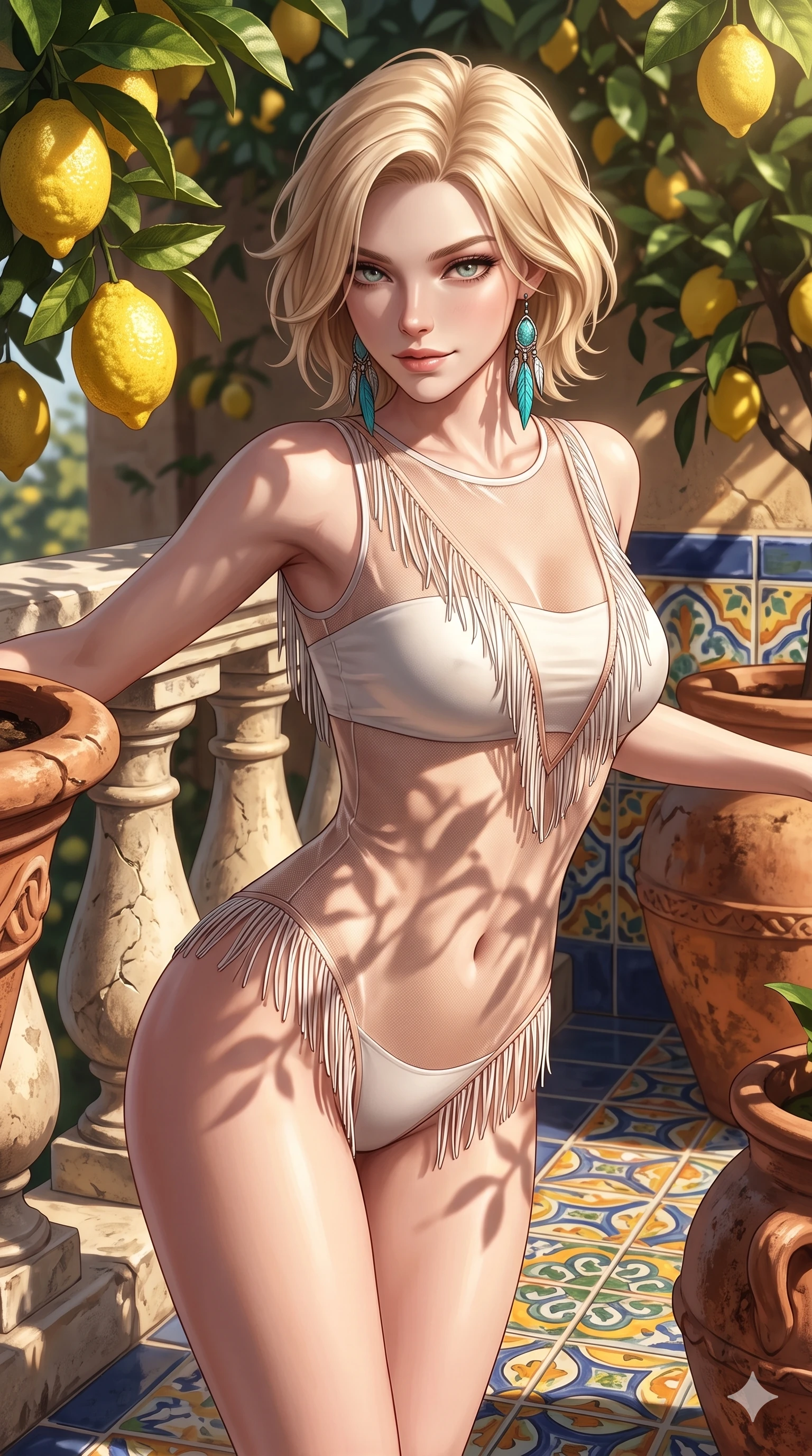 score_9, masterpiece, best quality, ultra-detailed, high-budget anime keyframe, semi-realistic 3D game render, editorial fashion photography, tasteful artistic composition, Caucasian woman. close-up cowboy shot from the waist and thighs up, the character dominates the composition, filling the frame with her large presence. leaning forward while arching her lower back to accentuate her curvy hips, looking into the camera with an intoxicating smoldering gaze and bedroom-eyes while twisting her slender torso in an alluring S-curve between terracotta flower urns, dappled citrus leaf shadows tracing her flat midriff and hourglass curves. The surrounding environment is rendered in vivid detail and crisp panoramic clarity: sharp rough lemon rind texture, carved limestone balustrade chisel marks, and majolica ceramic tile patterns in deep focus. She has an exceptionally elegant, slender, and willowy female figure with an ultra-slim waist, flat toned midriff, narrow ribcage, and sculpted feminine hips creating an alluring, slim hourglass silhouette without bulk. sharp v-shaped jawline, high-bridge nose, sparkling eyes with hypnotic seductive depth, thick curled eyelashes, glossy parted lips with a natural dewy peach sheen, alluring bedroom-eyes with an enchanting coquettish smile, exuding magnetic siren charisma and sophisticated glamour, flawlessly proportioned anatomical accuracy, strict slender model proportions, natural body alignment, perfectly sculpted long slender limbs, ultra-slim waistline, clean dynamic posture without body distortion. wearing a provocative sheer illusion mesh resort bodysuit with fringe trim layered over an opaque bandeau and briefs in celestial pearl white and rose-gold, tailored from second-skin technical compression neoprene with athletic curve-sculpting stretch, accented with turquoise and silver bohemian feather earrings swaying near her bare neck, the form-contouring cut accentuating her sculpted flat midriff, narrow delicate ribcage, and gracefully curvy hips with intoxicating allure. bathed in warm 2900K afternoon sunbeams filtering through dense green lemon foliage creating intricate organic shadow patterns. highly saturated vibrant anime colors, detailed shading with soft gradients, rich glossy textures, high-contrast stereoscopic depth, volumetric dynamic lighting, master piece, 9:16 ratio