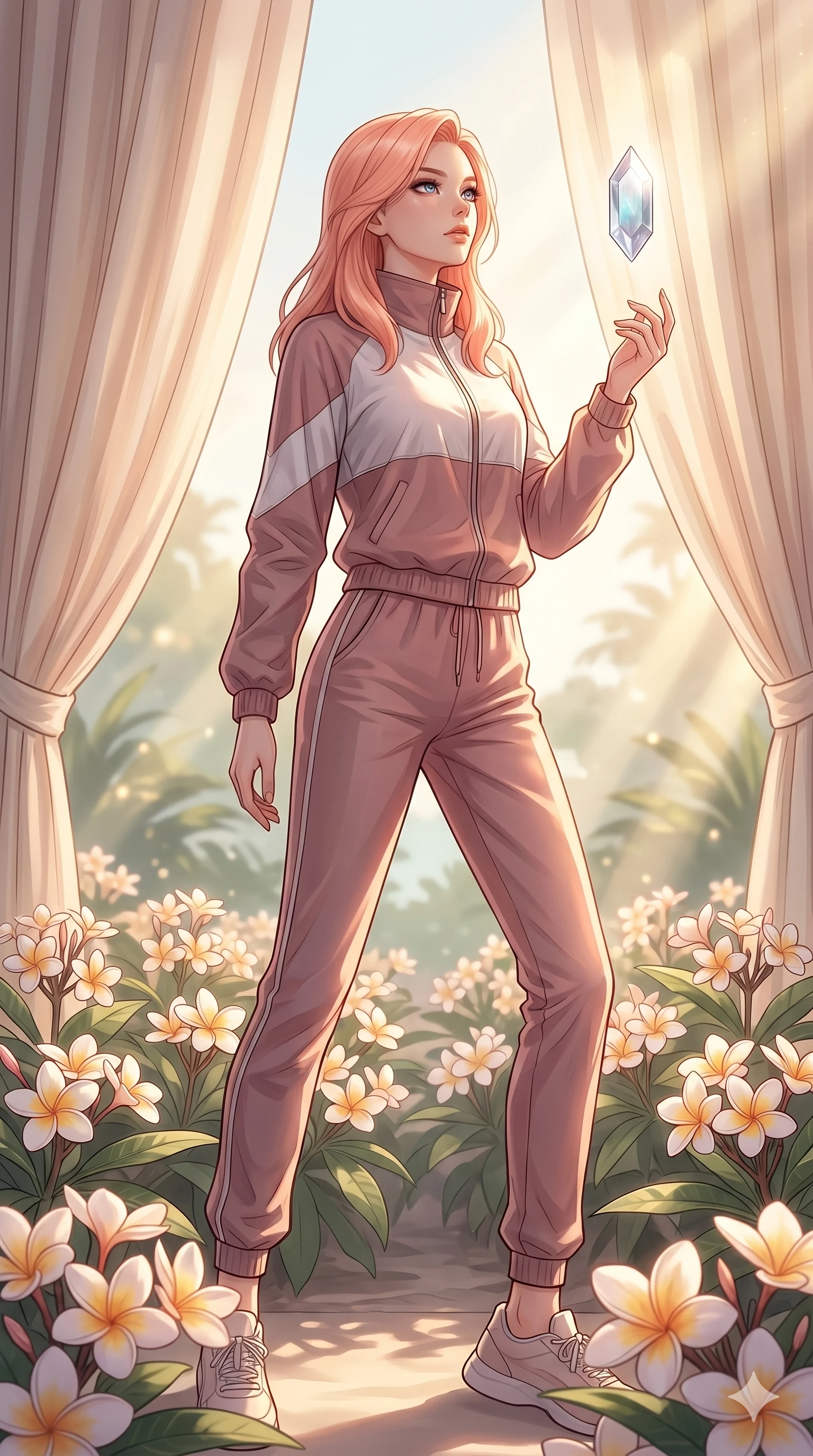 score_9, masterpiece, best quality, ultra-detailed, high-budget anime keyframe, editorial fashion photography, tasteful artistic composition, Japanese woman. low angle full-body shot from head to toe showing her feet, filling the entire 9:16 vertical frame with her statuesque presence, stretching her vertical silhouette. gazing at a floating crystal, her expression composed, intelligent and powerful in a tropical garden filled with rows of blooming plumeria flowers (Code-P19-060). She has an absolutely perfect 8-heads proportion, an exceptionally tall and slender female figure with impossibly long slender legs and an ultra-slim waist. V-shaped jawline, high-bridge nose, intricate jewel-like eyes with depth, thick eyelashes, glossy lips with a natural sheen. wearing a high-collar windbreaker jacket with matching activewear track pants. soft warm morning sunbeams filtering through the beach house curtains, casting a gentle glow. 2k, ultra detail, master piece, 9:16 ratio