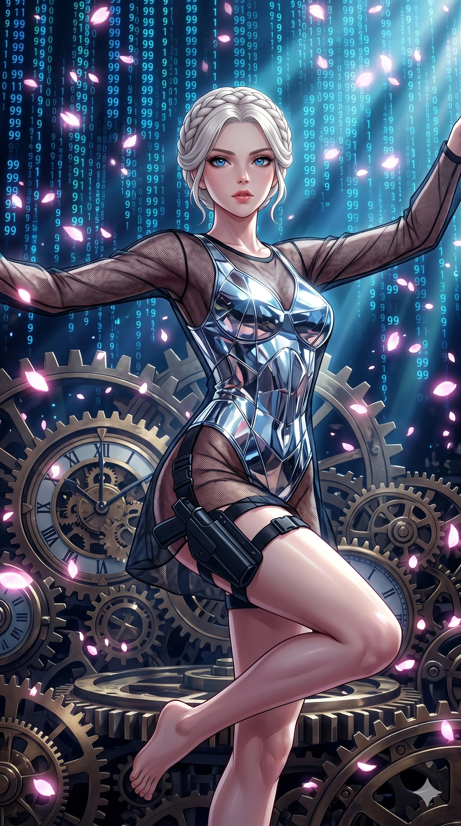 score_9, masterpiece, best quality, ultra-detailed, Set A: High-budget Anime Keyframe, Caucasian (strictly human ears) woman. Upper body close-up from the thighs up, character filling the screen for maximum presence. Dancing through a throne of gears, while a digital blizzard of 99 bits obscures the horizon and surrounded by digital sakura petals. She has an absolutely perfect 8-heads proportion, an exceptionally tall and slender female figure with impossibly long slender legs and an ultra-slim waist. Sharp v-shaped jawline, high-bridge nose, intricate jewel-like eyes with depth, thick eyelashes, glossy lips with a natural sheen. Wearing Reflective chrome swimwear under a translucent mesh cover-up with tactical holsters. Cinematic lighting, vibrant colors, dramatic shadows, 2k, ultra detail, master piece, 9:16 ratio