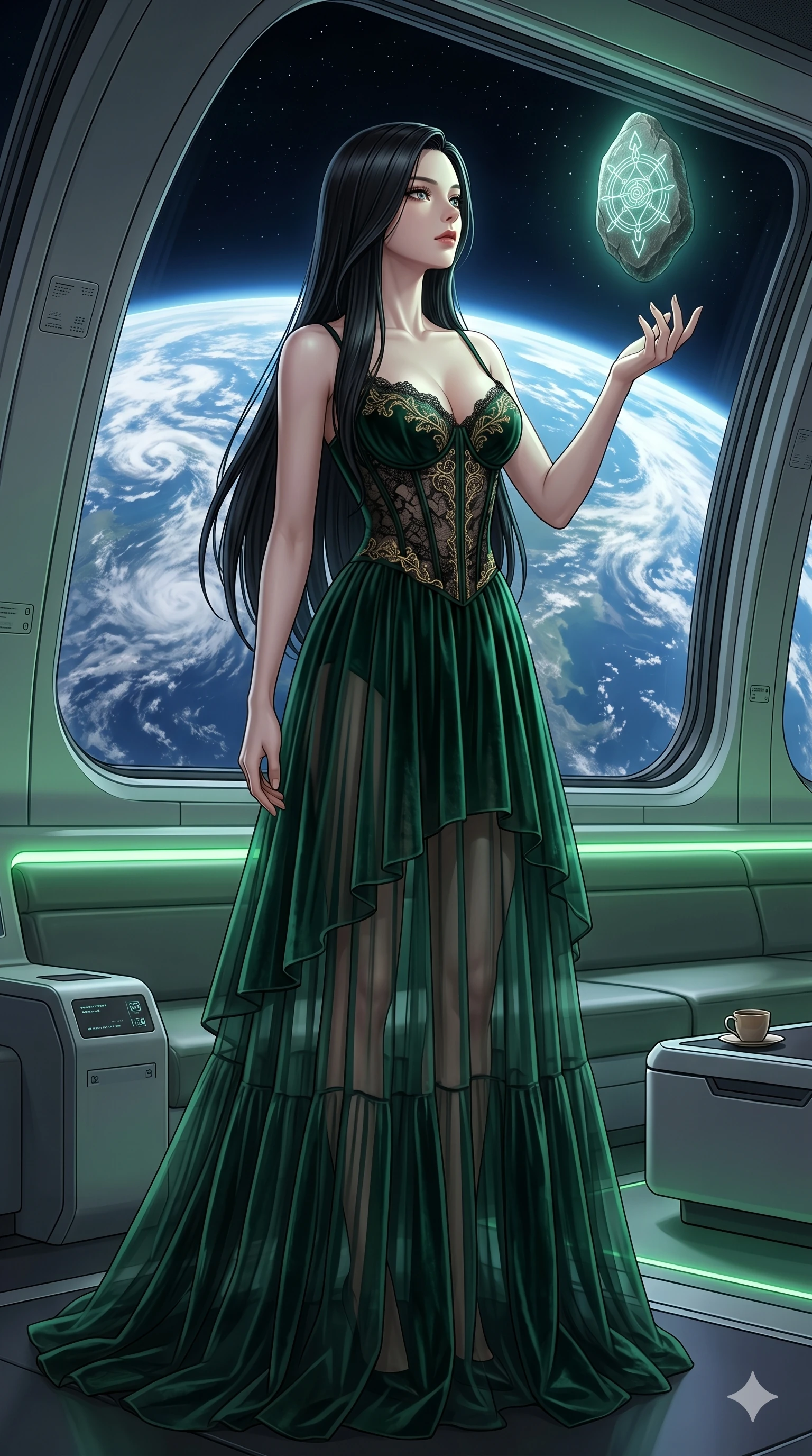 score_9, masterpiece, best quality, ultra-detailed, high-budget anime keyframe, editorial fashion photography, tasteful artistic composition, Korean woman. cowboy shot from the thighs up, character and outfit filling the frame for maximum editorial presence. gazing at a floating runestone, her expression composed inside a space station lounge with Earth view (Code-P17-151). She has an absolutely perfect 8-heads proportion, an exceptionally tall and slender female figure with impossibly long slender legs and an ultra-slim waist. V-shaped jawline, high-bridge nose, intricate jewel-like eyes with depth, thick eyelashes, glossy lips with a natural sheen. wearing a sheer velvet gown featuring a lace corset bodice. soft green ambient light with a sharp key light tracing her silhouette and clavicle. 2k, ultra detail, master piece, 9:16 ratio