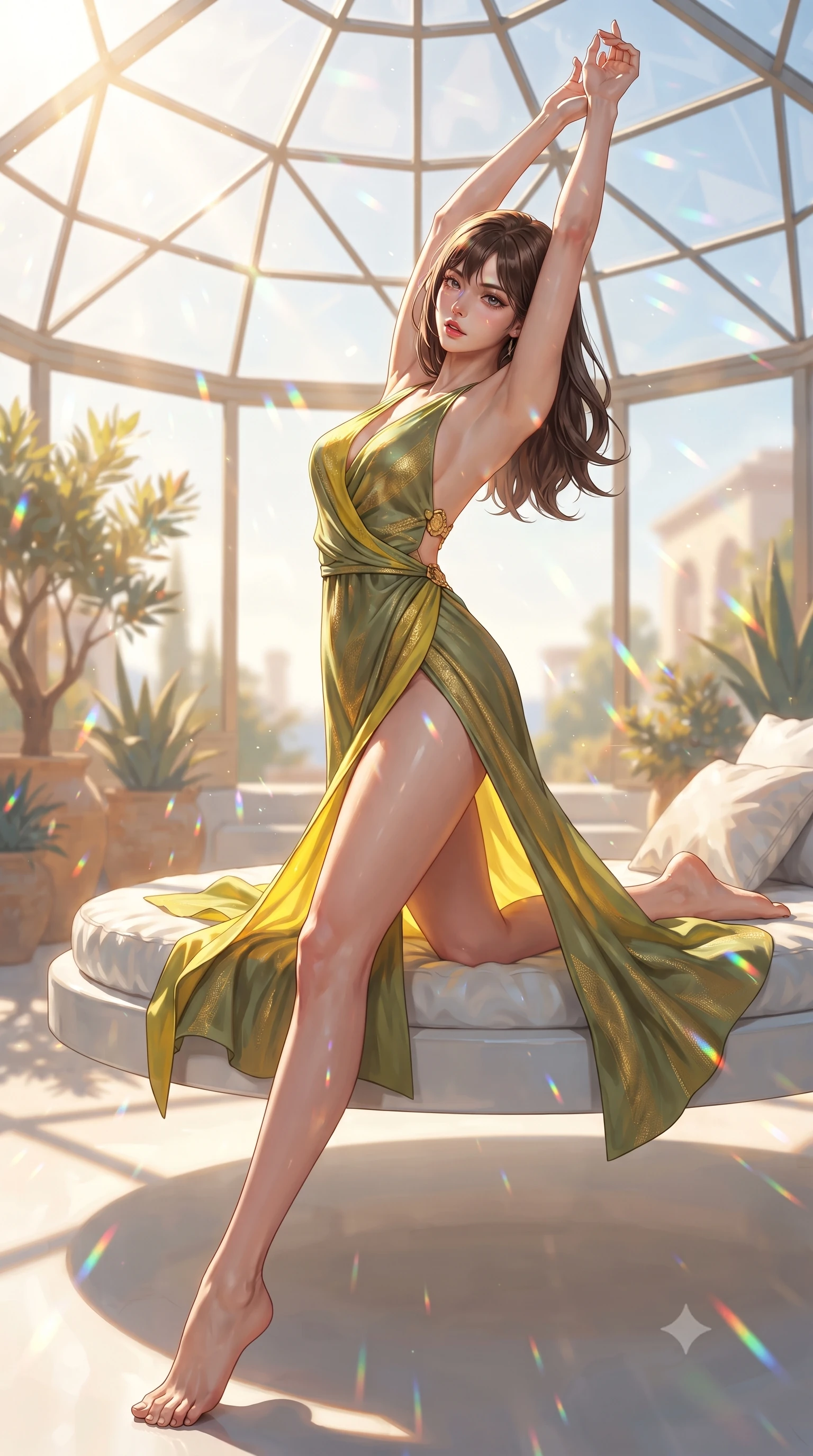 score_9, masterpiece, best quality, ultra-detailed, high-budget anime keyframe, editorial fashion photography, tasteful artistic composition, Korean woman. low angle full-body shot from head to toe showing her feet, filling the entire 9:16 vertical frame with her statuesque presence, stretching her vertical silhouette. pivoting dynamically with supreme athletic balance, her impossibly long slender legs and ultra-slim waist creating a mesmerizing vertical line while stretching her slender body on a floating white porcelain daybed beneath a geometric glass dome, arching her back with arms raised. The composition keeps background elements in soft focus with creamy bokeh. sunlight prism refractions through solar glass scattering dancing rainbow light motes across the room. She has an absolutely perfect, statuesque 8.5-heads proportion, an exceptionally tall and slender model-like female figure with impossibly long slender legs, a toned flat midriff, and an ultra-slim waist. sharp v-shaped jawline, high-bridge nose, intricate jewel-like eyes with depth, thick eyelashes, glossy parted lips with a natural sheen, intensely captivating and seductive expression, flawlessly proportioned anatomical accuracy, strict slender model proportions, natural body alignment, perfectly sculpted long slender limbs, ultra-slim waistline, clean dynamic posture without body distortion. wearing a sun-drenched halter wrap dress with a daring open back and breezy high side slit in olive leaf green and bright solar yellow, woven from fine organic mulberry silk with metallic gold thread, finished with a dramatic open back secured by golden filigree clasps, the breezy yet form-flattering drape swaying gracefully with her steps, accentuating her long willowy limbs and ultra-slim waistline. bathed in glorious golden hour sunlight streaming through the solar glass ceiling. ultra-reflective glossy finish, specular highlights, rich textural contrasts, high-contrast stereoscopic depth, volumetric dynamic lighting, 2k, ultra detail, master piece, 9:16 ratio
