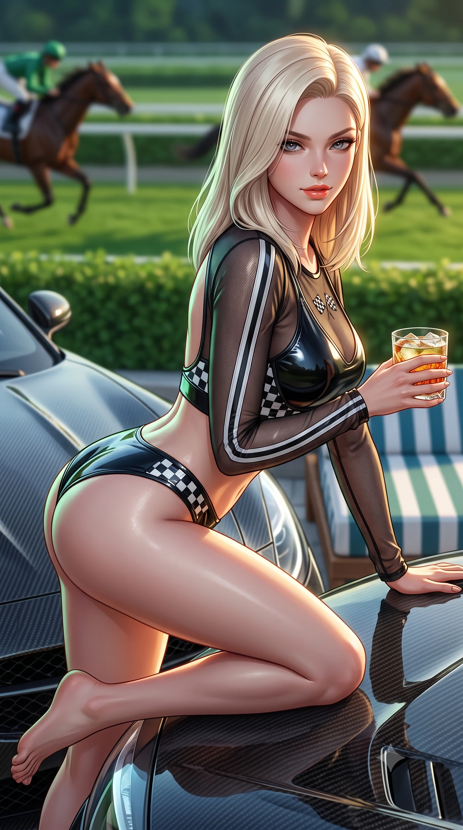 score_9, masterpiece, best quality, ultra-detailed, high-budget anime keyframe, semi-realistic 3D game render, editorial fashion photography, tasteful artistic composition, Caucasian woman. close-up cowboy shot from the waist and thighs up, the character dominates the composition, filling the frame with her large presence. leaning forward over the carbon car hood while arching her lower back to accentuate her curvy hips, looking into the camera with a confident smoldering smile and bedroom-eyes while lounging in a poolside striped cabana daybed with one knee bent, holding an iced cocktail with effortless Palm Beach old-money coolness. The background shows a soft-focus thoroughbred horses trotting along green exercise tracks softened in aristocratic equestrian shallow focus. She has an exceptionally elegant, slender, and willowy female figure with an ultra-slim waist, flat toned midriff, narrow ribcage, and sculpted feminine hips creating an alluring, slim hourglass silhouette without bulk. sharp v-shaped jawline, high-bridge nose, sparkling eyes with athletic focus and depth, thick curled eyelashes, glossy parted lips with a natural coral-peach sheen, bright confident and coquettish smile with alluring bedroom-eyes, exuding both youthful sporty vigor and sovereign high-society glamour, flawlessly proportioned anatomical accuracy, strict slender model proportions, natural body alignment, perfectly sculpted long slender limbs, ultra-slim waistline, clean dynamic posture without body distortion. wearing a sheer athletic mesh long-sleeve crop top layered over an opaque racing bralette and high-cut tennis briefs in matte obsidian black and checkered flag white, made of high-gloss reflective patent leather with mirror-like specular highlights, finished with contrasting racing stripe tape and subtle checkered flag embroidery, the precision-cut side openings and low-back scoop framing her graceful spine and the sensual sweep of her slim, athletic hips. illuminated by green lawn bounce fill and sharp warm-gold rim lights defining her sculpted collarbones, ultra-slim waist, and curvy hips. highly saturated vibrant anime colors, detailed shading with soft gradients, rich glossy textures, high-contrast stereoscopic depth, volumetric dynamic lighting, master piece, 9:16 ratio