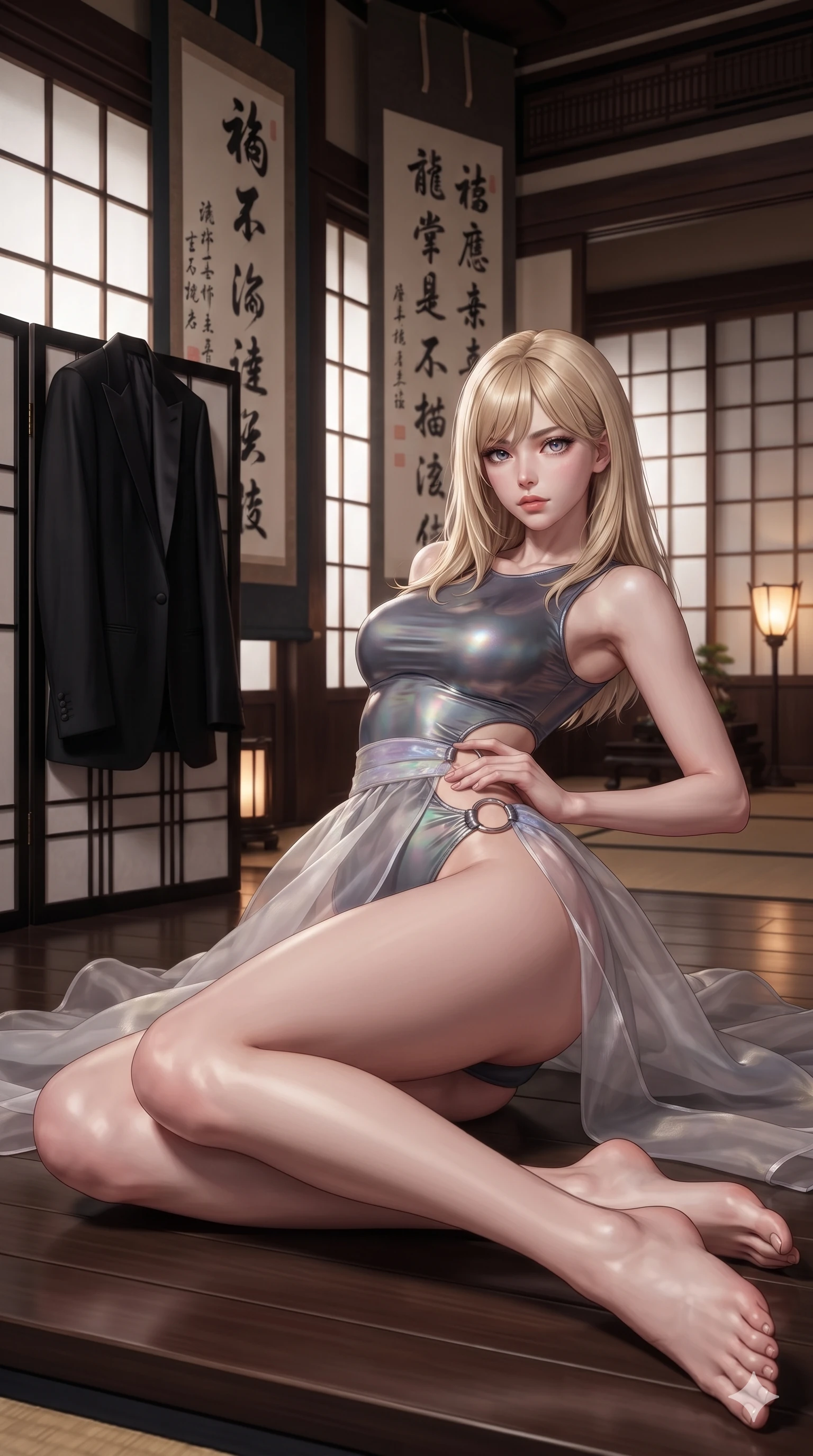 score_9, masterpiece, best quality, ultra-detailed, high-budget anime keyframe, editorial fashion photography, tasteful artistic composition, Japanese woman. low angle full-body shot from head to toe showing her feet, filling the entire 9:16 vertical frame with her statuesque presence, stretching her vertical silhouette. reclining on her side in an elegant Cleopatra pose with one knee drawn up, the dramatic contour of her rounded hips and long slender legs commanding the 9:16 vertical frame while standing tall between towering hanging ink calligraphy scrolls, one hand on her hip as she looks into the lens with smoldering intensity. The surrounding environment is rendered in vivid detail and crisp panoramic clarity: detailed tailored onyx tux dress drape, fine silk lapel sheen, and traditional woodwork in razor-sharp precision. She has an absolutely perfect, statuesque 8.5-heads proportion, an exceptionally tall and slender model-like female figure with impossibly long slender legs, an ultra-slim waist, a flat toned midriff, narrow delicate ribcage, and beautifully sculpted feminine hips creating a graceful, slim hourglass silhouette without any bulky heaviness. sharp v-shaped jawline, high-bridge nose, sparkling eyes with hypnotic seductive depth, thick curled eyelashes, glossy parted lips with a natural dewy peach sheen, alluring bedroom-eyes with an enchanting coquettish smile, exuding magnetic siren charisma and sophisticated glamour, flawlessly proportioned anatomical accuracy, strict slender model proportions, natural body alignment, perfectly sculpted long slender limbs, ultra-slim waistline, clean dynamic posture without body distortion. wearing a provocative sheer nobang organza wrap overskirt layered over a form-fitting silk leotard with bare hip flanks in iridescent mother-of-pearl and misty lavender, made of liquid dark mercury jersey with seamless sculpting hold and fluid drape, accented with sculptural chrome hardware rings framing the subtle cutouts, the form-contouring silhouette accentuating her sculpted flat midriff, narrow delicate ribcage, and gracefully curvy hips with intoxicating allure. bathed in soft diffuse light filtering through paper shoji screens and warm oil lamp glow. ultra-reflective glossy finish, specular highlights, rich textural contrasts, high-contrast stereoscopic depth, volumetric dynamic lighting, 2k, ultra detail, master piece, 9:16 ratio
