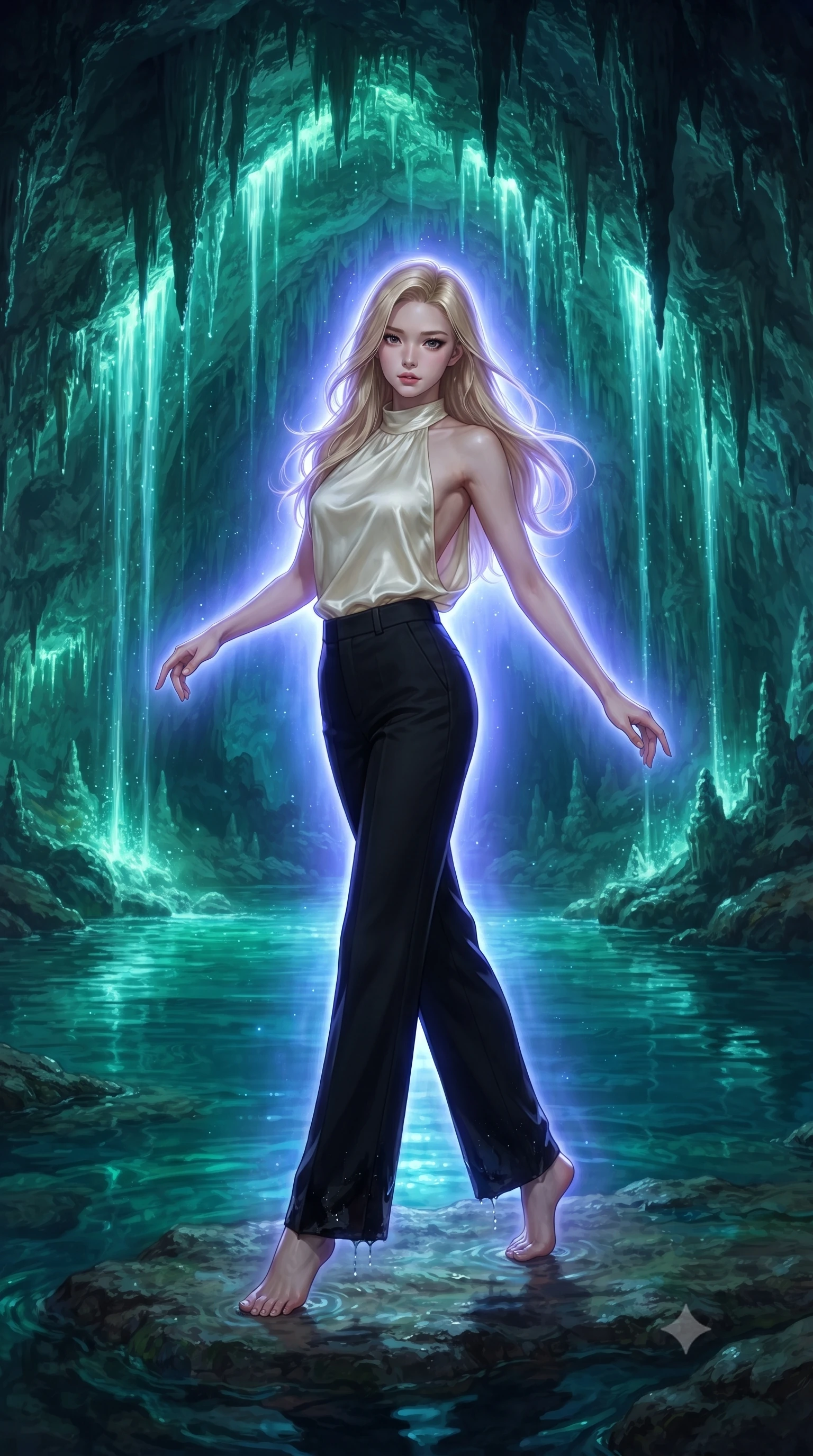 score_9, masterpiece, best quality, ultra-detailed, high-budget anime keyframe, editorial fashion photography, tasteful artistic composition, Korean woman. low angle full-body shot from head to toe showing her feet, filling the entire 9:16 vertical frame with her statuesque presence, stretching her vertical silhouette. dancing with weightless grace through a vast underground river that glows with intense green-blue phosphorescence illuminating the stalactite cathedral ceiling high above with mineral formations dripping luminous water creating glowing curtains of living light. She has a statuesque 8.5-heads proportion, an exceptionally tall, slender and willowy model-like build with impossibly long legs and a highly sculpted ultra-slim waist. sharp v-shaped jawline, high-bridge nose, intricate jewel-like eyes with depth, thick eyelashes, glossy lips with a natural sheen. wearing an ivory silk halter-neck top with a draped open back, tucked into tailored black wide-leg trousers. cool ethereal blue-violet bioluminescent glow wrapping around her from all sides. 2k, ultra detail, master piece, 9:16 ratio
