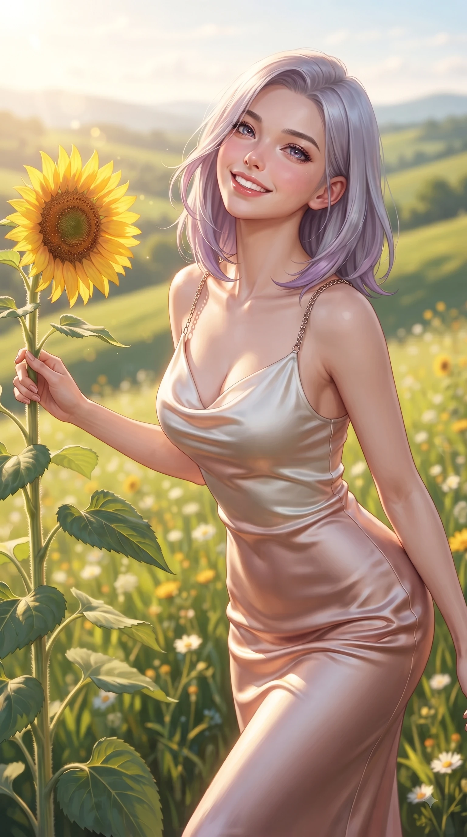 score_9, masterpiece, best quality, ultra-detailed, high-budget anime keyframe, editorial fashion photography, tasteful artistic composition, Caucasian woman. close-up cowboy shot from the waist and thighs up, the character dominates the composition, filling the frame with her large presence, background elements kept in soft focus. Tilting her chin up with a beaming smile of pure delight while balancing dynamically amidst the scene while reaching out to touch a towering sunflower stalk while beaming happily into the camera lens, a sweeping vista of rolling green hills glowing in warm bright sunlight. She has an exceptionally elegant, slender, and willowy female figure with an ultra-slim waist, a gracefully sculpted slender torso, and a refined silhouette. sharp v-shaped jawline, high-bridge nose, intricate jewel-like eyes with depth, thick eyelashes, glossy lips with a natural sheen, flawlessly proportioned anatomical accuracy, natural body alignment, perfectly sculpted elegant limbs, clean dynamic posture without body distortion. wearing an elegant cowl-neck satin midi dress with a graceful draped neckline in pearl white and rose gold, made of premium stretch velvet with a rich sheen, adorned with delicate metallic chain straps along the neckline, the sleek second-skin texture accentuating her magnetic presence. bathed in brilliant sunny morning light and warm golden meadow sunbursts. ultra-reflective glossy finish, specular highlights, metallic sheen, high-contrast stereoscopic depth, volumetric dynamic lighting, 2k, ultra detail, master piece, 9:16 ratio