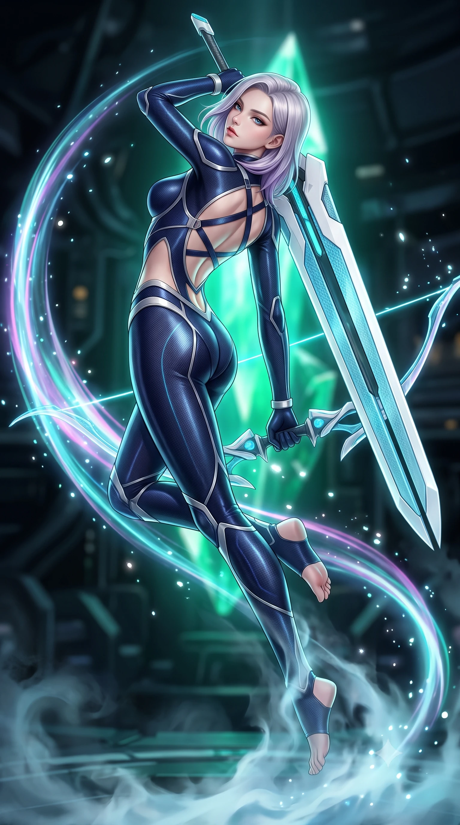 score_9, masterpiece, best quality, ultra-detailed, high-budget anime keyframe, semi-realistic 3D game render, editorial fashion photography, tasteful artistic composition, Caucasian woman. low angle full-body shot from head to toe showing her feet, filling the entire 9:16 vertical frame with her statuesque presence, stretching her vertical silhouette. arching her back gracefully in mid-air during a dynamic combat vault, her weapon energy trail framing her statuesque presence while resting her holographic bow with calm sovereign authority as swirling coolant mist flows around her slender ankles. The composition keeps background elements in soft focus with creamy bokeh. sparkling photon arrow particles scattering soft glowing light motes across a dark technological backdrop. She has an absolutely perfect, statuesque 8.5-heads proportion, an exceptionally tall and slender model-like female figure with impossibly long slender legs, a toned flat midriff, and an ultra-slim waist. sharp v-shaped jawline, high-bridge nose, intricate jewel-like eyes with depth, thick eyelashes, glossy lips with a natural sheen, flawlessly proportioned anatomical accuracy, strict slender model proportions, natural body alignment, perfectly sculpted long slender limbs, ultra-slim waistline, clean dynamic posture without body distortion. wearing a statuesque midnight cobalt carbon-fiber armor-suit with platinum trim and an ultra-slim waistline, resting a massive sleek high-frequency anti-material greatsword across her shoulder in glacial ice-cyan carbon mesh with pure white armor plates, crafted from semi-translucent cybernetic carbon-vinyl interwoven with glowing micro-filaments, complemented by criss-cross back harness straps highlighting her completely bare spine, the precision-cut daring openings accentuating her delicate midriff, graceful bare collarbones, and ultra-slim feminine waistline. bathed in intense radiant emerald crystal core backlighting and glowing photon bow illumination. rich saturated anime colors with glowing neon highlights, detailed shading with soft gradients, rich glossy textures, high-contrast stereoscopic depth, volumetric dynamic lighting, master piece, 9:16 ratio