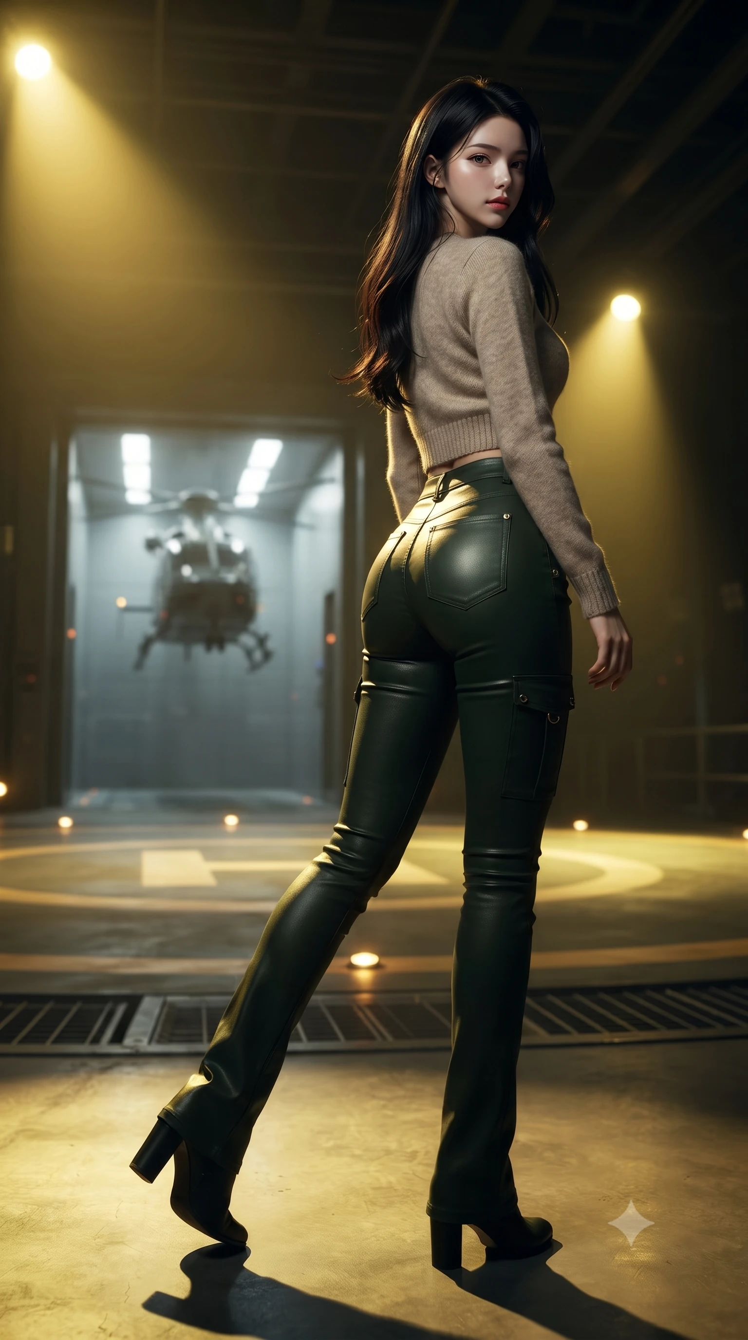 score_9, masterpiece, best quality, ultra-detailed, high-budget anime keyframe, editorial fashion photography, tasteful artistic composition, Korean woman. low angle full-body shot from head to toe showing her feet, filling the entire 9:16 vertical frame with her statuesque presence, stretching her vertical silhouette. stepping gracefully while looking back over her shoulder, her dress draped tightly to reveal her silhouette the background shows a soft-focus a futuristic vehicle elevator transporting a helicopter to a rooftop runway. She has an absolutely perfect, statuesque 8.5-heads proportion, an exceptionally tall and slender model-like female figure with impossibly long slender legs and an ultra-slim waist. sharp v-shaped jawline, high-bridge nose, intricate jewel-like eyes with depth, thick eyelashes, glossy lips with a natural sheen. wearing a slim-fit tight-fitting crop sweater in oatmeal wool, paired with high-waisted form-fitting pants. harsh sodium yellow spotlights casting long dramatic industrial shadows. ultra-reflective glossy finish, specular highlights, metallic sheen, high-contrast stereoscopic depth, volumetric dynamic lighting, 2k, ultra detail, master piece, 9:16 ratio