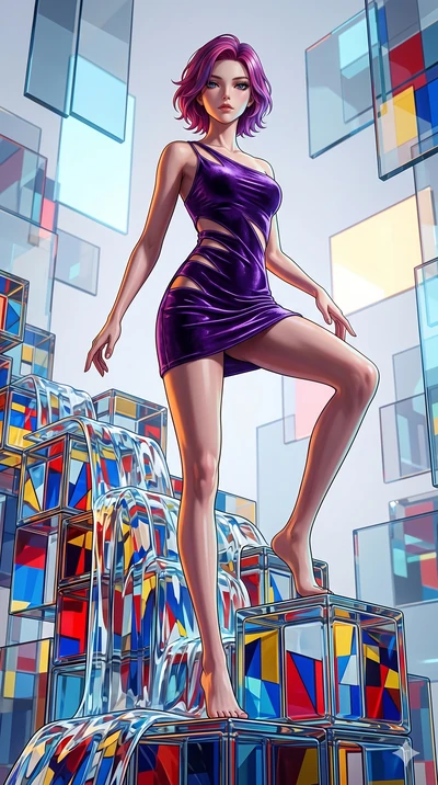 score_9, masterpiece, best quality, ultra-detailed, high-budget anime keyframe, Caucasian woman, strictly human ears. low angle full-body shot filling the entire 9:16 frame with her statuesque presence, stretching the vertical silhouette. balancing o