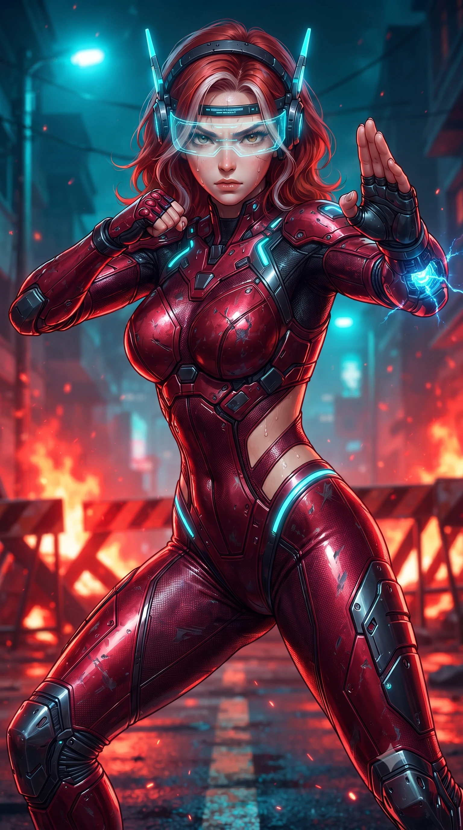 score_9, masterpiece, best quality, ultra-detailed, high-budget anime keyframe, editorial fashion photography, tasteful artistic composition, Caucasian woman. close-up cowboy shot from the waist and thighs up, the character dominates the composition, filling the frame with her large presence. twisting her upper body in a dynamic S-curve martial arts stance, cybernetic elbow dampers glowing with blue energy as she aims a focused palm strike while charging forward through a burning street barricade as holographic tactical goggles cast glowing cyan reticles across her brow. The surrounding environment is rendered in vivid detail and crisp panoramic clarity. intricate forearm vambrace buckles, sweat beads on collarbones, and glowing laser lines in high clarity. She has an exceptionally elegant, slender, and willowy female figure with an ultra-slim waist, a gracefully sculpted slender torso, toned flat midriff, and a refined slim silhouette. sharp v-shaped jawline, high-bridge nose, intricate jewel-like eyes with depth, thick eyelashes, glossy lips with a natural sheen, fierce and resolute heroine expression, flawlessly proportioned anatomical accuracy, strict slender model proportions, natural body alignment, perfectly sculpted long slender limbs, ultra-slim waistline, clean dynamic posture without body distortion. wearing a lightweight carbon-fiber tactical sensory headpiece with glowing cyan ear-antennae and an ultra-thin forehead HUD brow-band, paired with a form-contouring high-mobility battle-suit featuring sculpted carbon chest plating, diagonal midriff ventilation cutouts, and kinetic knee vambraces in deep battle-scarred crimson carbon weave with specular dark chrome accents, tailored from flexible second-skin ballistic carbon-mesh adhering flawlessly to her athletic build, accented with glowing fiber-optic telemetry conduits tracing her collarbones and hip curves, the liquid-tight tailored fabric emphasizing every curve of her tall, slender model proportions and sculptured silhouette during dynamic movement. bathed in blazing crimson barricade fire glow and high-contrast electric cyan streetlamp rim lights. ultra-reflective glossy finish, specular highlights, dark metallic sheen, high-contrast stereoscopic depth, volumetric dynamic lighting, 2k, ultra detail, master piece, 9:16 ratio