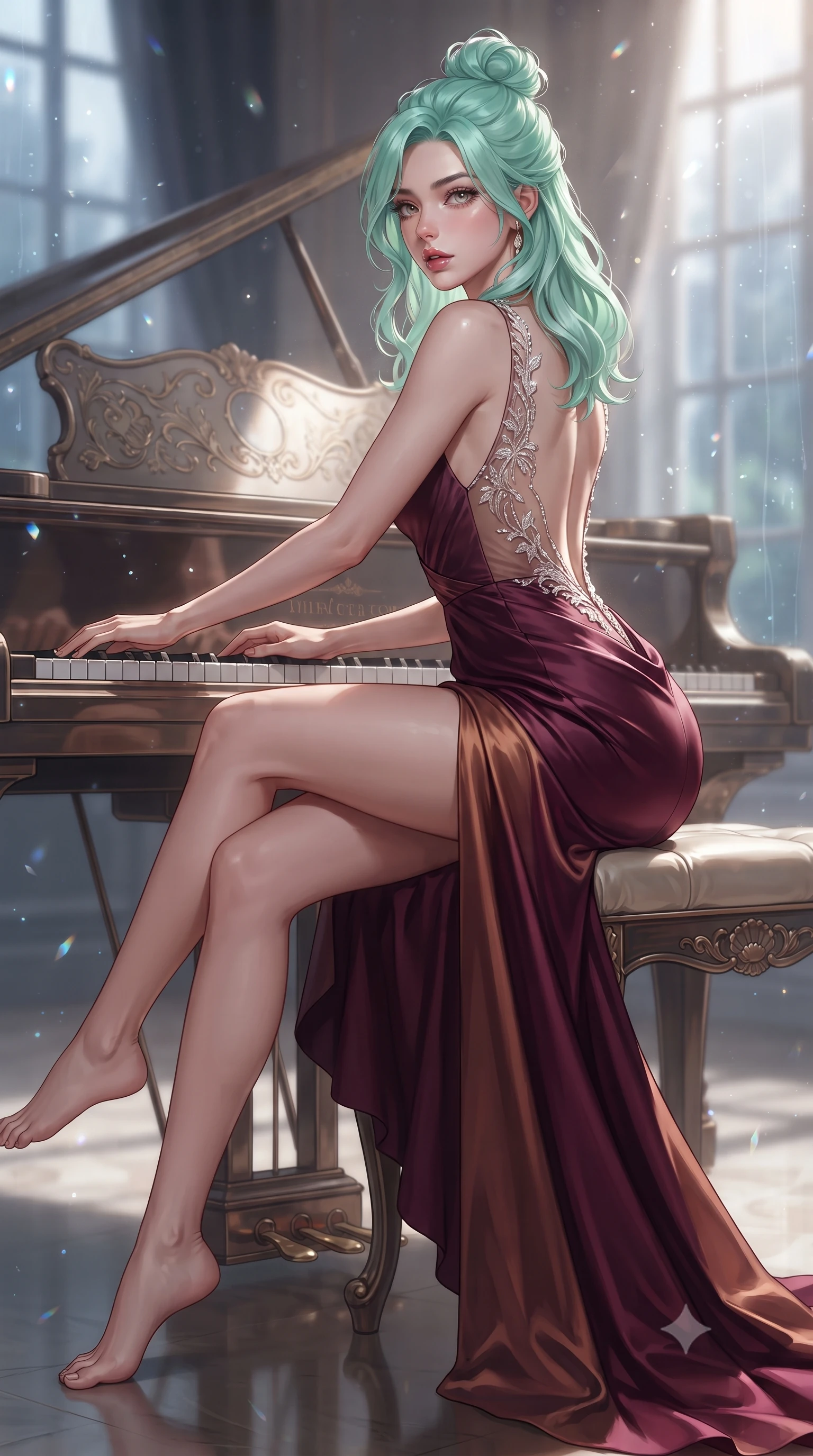 score_9, masterpiece, best quality, ultra-detailed, high-budget anime keyframe, editorial fashion photography, tasteful artistic composition, Japanese woman. low angle full-body shot from head to toe showing her feet, filling the entire 9:16 vertical frame with her statuesque presence, stretching her vertical silhouette. reclining on her side in an elegant Cleopatra pose with one knee drawn up, the dramatic contour of her rounded hips and long slender legs commanding the 9:16 vertical frame while sitting sideways on the piano bench with legs crossed and hips tilted toward the camera, running her fingers lightly across the keys with parted glossy lips. The composition keeps background elements in soft focus with creamy bokeh. streaming glass raindrop tracks and crystal glass refractions scattering melancholic light motes. She has an absolutely perfect, statuesque 8.5-heads proportion, an exceptionally tall and slender model-like female figure with impossibly long slender legs, a toned flat midriff, an ultra-slim waist, and beautifully sculpted feminine hips. sharp v-shaped jawline, high-bridge nose, intricate jewel-like eyes with depth, thick eyelashes, glossy parted lips with a natural sheen, intensely captivating and seductive bedroom-eyes expression, flawlessly proportioned anatomical accuracy, strict slender model proportions, natural body alignment, perfectly sculpted long slender limbs, ultra-slim waistline, clean dynamic posture without body distortion. wearing an open-back duchess satin gala gown with a dramatic hip-hugging drape and cascading trailing hem in deep royal wine burgundy and liquid bronze, made of fluid silk crepe with delicate inner corsetry boning, finished with delicate crystal frost embroidery tracing the plunging neckline, the liquid-tight tailored fabric clinging flawlessly to her narrow waist and rounded feminine hips, emphasizing every millimeter of her sculpted hourglass curves during movement. illuminated by sleek metallic reflections sculpting her sculpted collarbones, ultra-slim waist, and curvy hips. ultra-reflective glossy finish, specular highlights, rich textural contrasts, high-contrast stereoscopic depth, volumetric dynamic lighting, 2k, ultra detail, master piece, 9:16 ratio