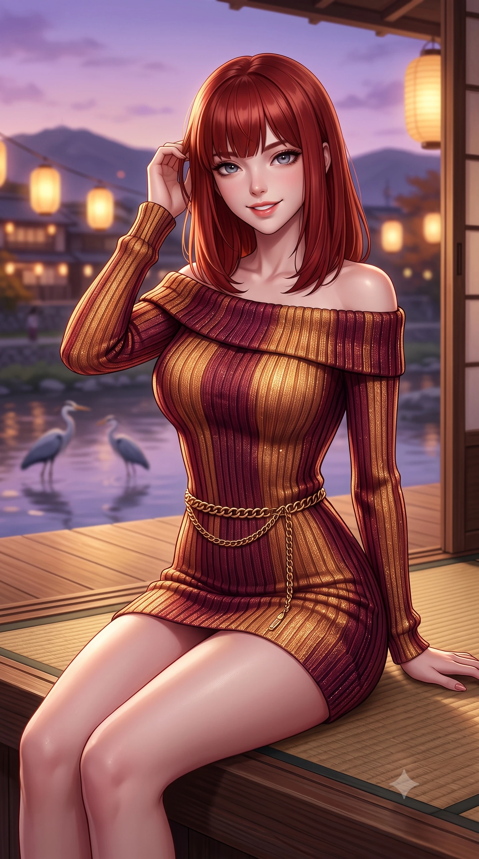 score_9, masterpiece, best quality, ultra-detailed, high-budget anime keyframe, semi-realistic 3D game render, editorial fashion photography, tasteful artistic composition, Caucasian woman. close-up cowboy shot from the waist and thighs up, the character dominates the composition, filling the frame with her large presence. twisting her slender torso in an alluring contrapposto stance, one hand toying with her hair while her gaze radiates magnetic charm while sitting gracefully on a tatami mat at the open veranda edge, watching herons wade in the Kamogawa river with tranquil charm. The background shows a soft-focus warm paper lanterns along Gion alleyways softened in romantic Kyoto dusk shallow focus. She has an exceptionally elegant, slender, and willowy female figure with an ultra-slim waist, flat toned midriff, narrow ribcage, and sculpted feminine hips creating an alluring, slim hourglass silhouette without bulk. sharp v-shaped jawline, high-bridge nose, intricate jewel-like sparkling eyes with depth, thick eyelashes, glossy parted lips with a natural peach sheen, bright cheerful beaming smile with an enchanting and coquettish sensual glint, exuding both youthful cute charm and seductive allure, flawlessly proportioned anatomical accuracy, strict slender model proportions, natural body alignment, perfectly sculpted long slender limbs, ultra-slim waistline, clean dynamic posture without body distortion. wearing a snug off-the-shoulder thick ribbed knit sweater dress in warm camel clinging to her hourglass contours in rich Oxford burgundy and golden amber, woven from stretch metallic lurex knit casting subtle luminous champagne glints across her contours, finished with a sleek gold chain belt resting snugly across her narrow waist and curving hips, the body-conscious tailored knit hugging her sculpted torso and curvaceous hips in a seamless, fluid line that highlights her statuesque model proportions. bathed in the soft purple-gold twilight glow of autumn sunset over the Higashiyama mountains mixed with warm paper lantern lights. highly saturated vibrant anime colors, detailed shading with soft gradients, rich glossy textures, high-contrast stereoscopic depth, volumetric dynamic lighting, master piece, 9:16 ratio