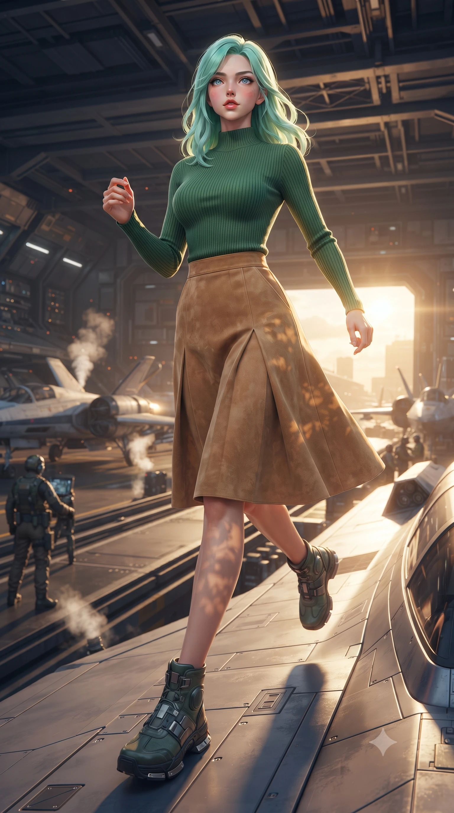 score_9, masterpiece, best quality, ultra-detailed, high-budget anime keyframe, editorial fashion photography, tasteful artistic composition, realistic cosplay photography, Japanese woman. low angle full-body shot from head to toe showing her feet, filling the entire 9:16 vertical frame with her statuesque presence, stretching her vertical silhouette. running along the outer hull of a giant starship in zero gravity, magnetic boots clinging to a busy hangar bay, sleek fighter ships on launch rails with steam venting from engines, crew members in soft focus. She has a statuesque 8.5-heads proportion, an exceptionally tall, slender and willowy model-like build with impossibly long legs and a highly sculpted ultra-slim waist. sharp v-shaped jawline, high-bridge nose, intricate jewel-like eyes with depth, thick eyelashes, glossy lips with a natural sheen. wearing tailored for maximum mobility, sleek form-contouring panels that allow fluid movement, a body-hugging high-neck forest green ribbed long-sleeve top paired with a tan suede A-line midi skirt. warm golden afternoon sunbeams casting soft organic leaf shadows across her skin. ultra-reflective glossy finish, specular highlights, metallic sheen, high-contrast stereoscopic depth, volumetric dynamic lighting, 2k, ultra detail, master piece, 9:16 ratio