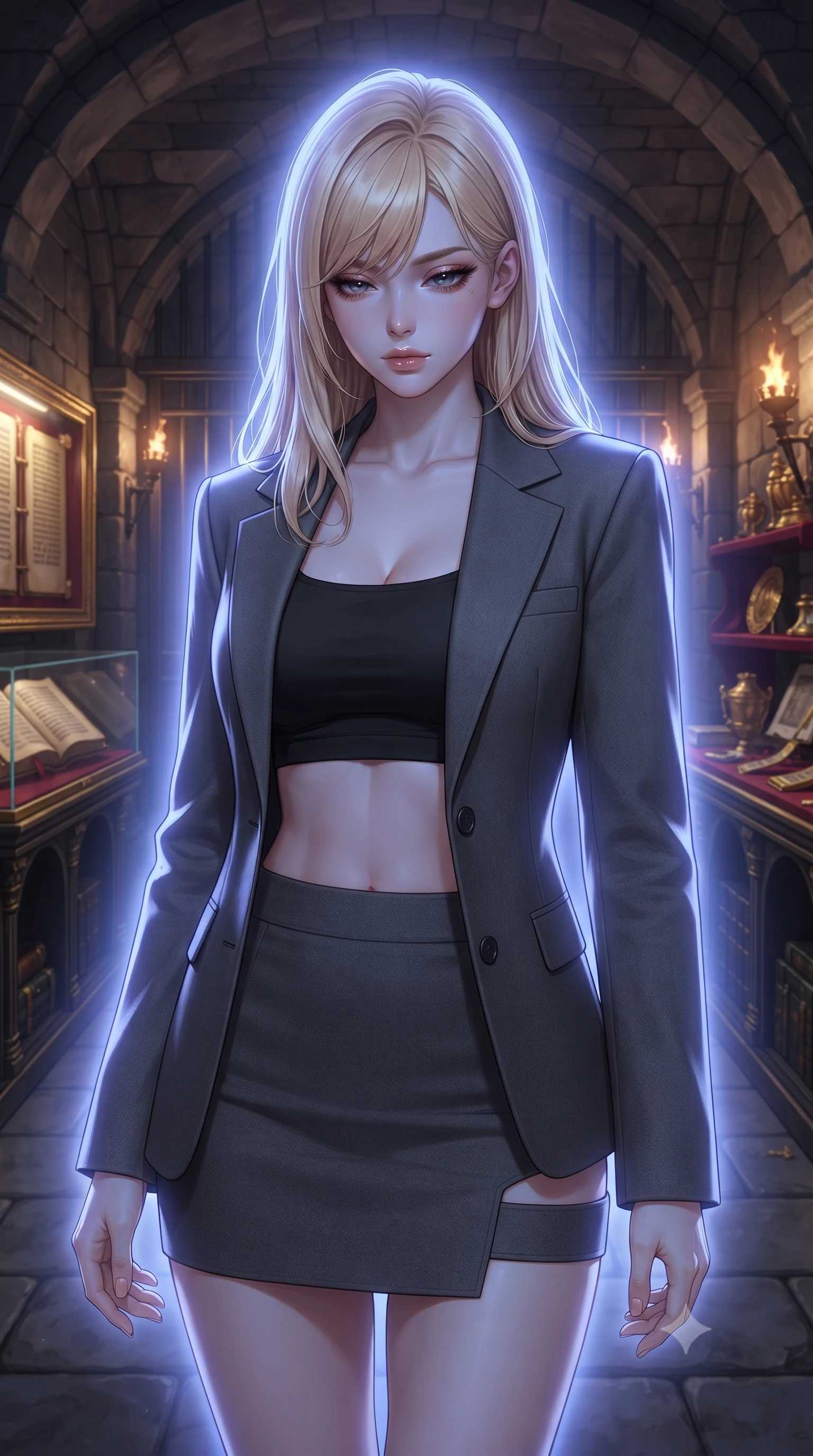 score_9, masterpiece, best quality, ultra-detailed, high-budget anime keyframe, editorial fashion photography, tasteful artistic composition, Caucasian woman, strictly human ears. close-up cowboy shot from the waist and thighs up, the character dominates the composition, filling the frame with her large presence, background elements kept in soft focus. Looking down with lowered lashes and a composed powerful expression. set against a soft-focus background of a subterranean vault with arched stone ceilings and heavy iron gates walls lined with ancient illuminated manuscripts under glass and gold artifacts gleaming on velvet-lined shelves stretching into torch-lit darkness. She has an exceptionally elegant and slender, willowy female figure with an ultra-slim waist, a gracefully sculpted slender torso, and a refined slim physique. sharp v-shaped jawline, high-bridge nose, intricate jewel-like eyes with depth, thick eyelashes, glossy lips with a natural sheen. wearing a structured blazer in charcoal grey worn open over a black crop top and matching mini skirt with side cutout. cool ethereal blue-violet bioluminescent glow wrapping around her from all sides. 2k, ultra detail, master piece, 9:16 ratio