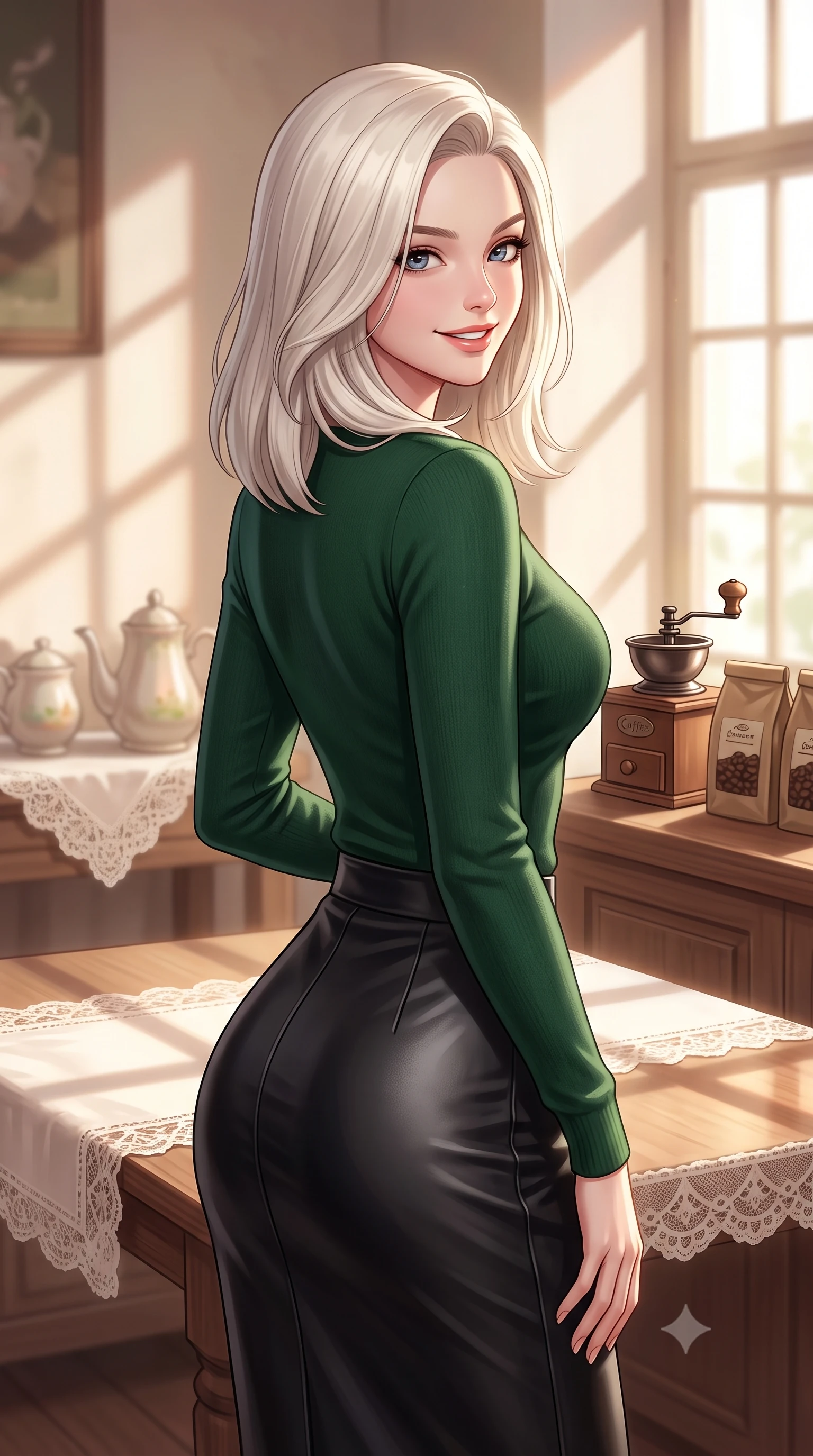 score_9, masterpiece, best quality, ultra-detailed, high-budget anime keyframe, editorial fashion photography, tasteful artistic composition, Caucasian woman. close-up cowboy shot from the waist and thighs up, the character dominates the composition, filling the frame with her large presence, background elements kept in soft focus. smiling with a playful and cute half-smile, glancing sidelong over her shoulder set against a soft-focus background of in a charming retro tea room with lace table runners and ceramic teapots with a vintage coffee grinder and bags of coffee beans on the counter behind her. She has an exceptionally elegant, slender, and willowy female figure with an ultra-slim waist, a gracefully sculpted slender torso, and a refined silhouette. sharp v-shaped jawline, high-bridge nose, intricate jewel-like eyes with depth, thick eyelashes, glossy lips with a natural sheen. wearing form-contouring tight-fitting cashmere cardigan closed, paired with a sleek leather midi skirt. soft afternoon sunlight casting shadows of window panes on the wooden table. highly saturated vibrant anime colors, detailed shading with soft gradients, rich glossy textures, high-contrast stereoscopic depth, volumetric dynamic lighting, master piece, 9:16 ratio