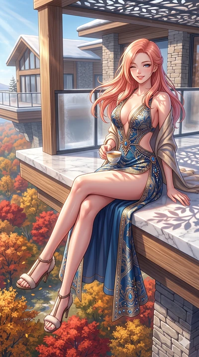 score_9, masterpiece, best quality, ultra-detailed, high-budget anime keyframe, vibrant anime aesthetic, Japanese woman. cowboy shot from the thighs up, character and outfit filling the frame for maximum presence. She is sitting on a marble ledge, wi